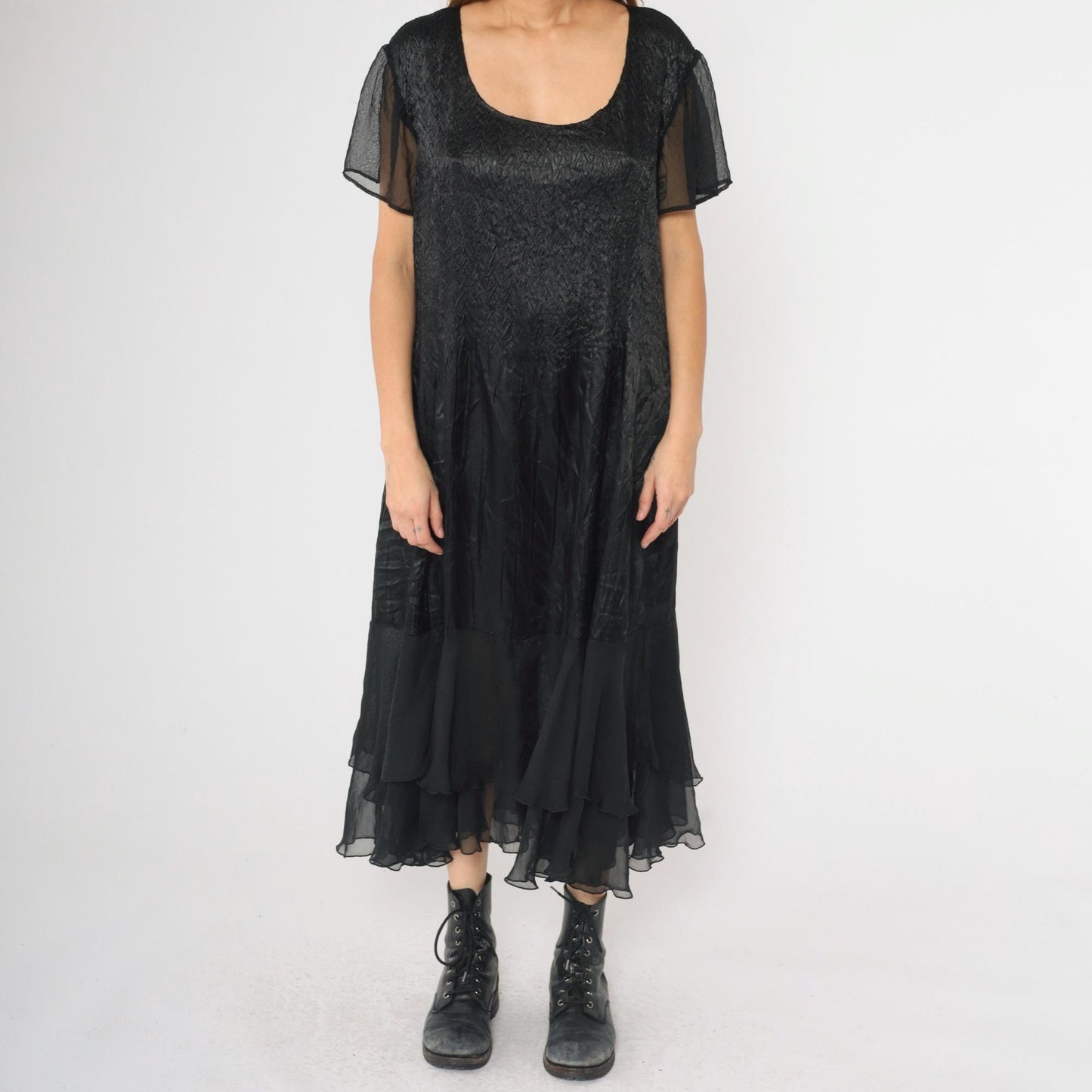 90s Black Satin Tiered Chiffon Midi Dress Flutter Sleeve Scoop Neck Large