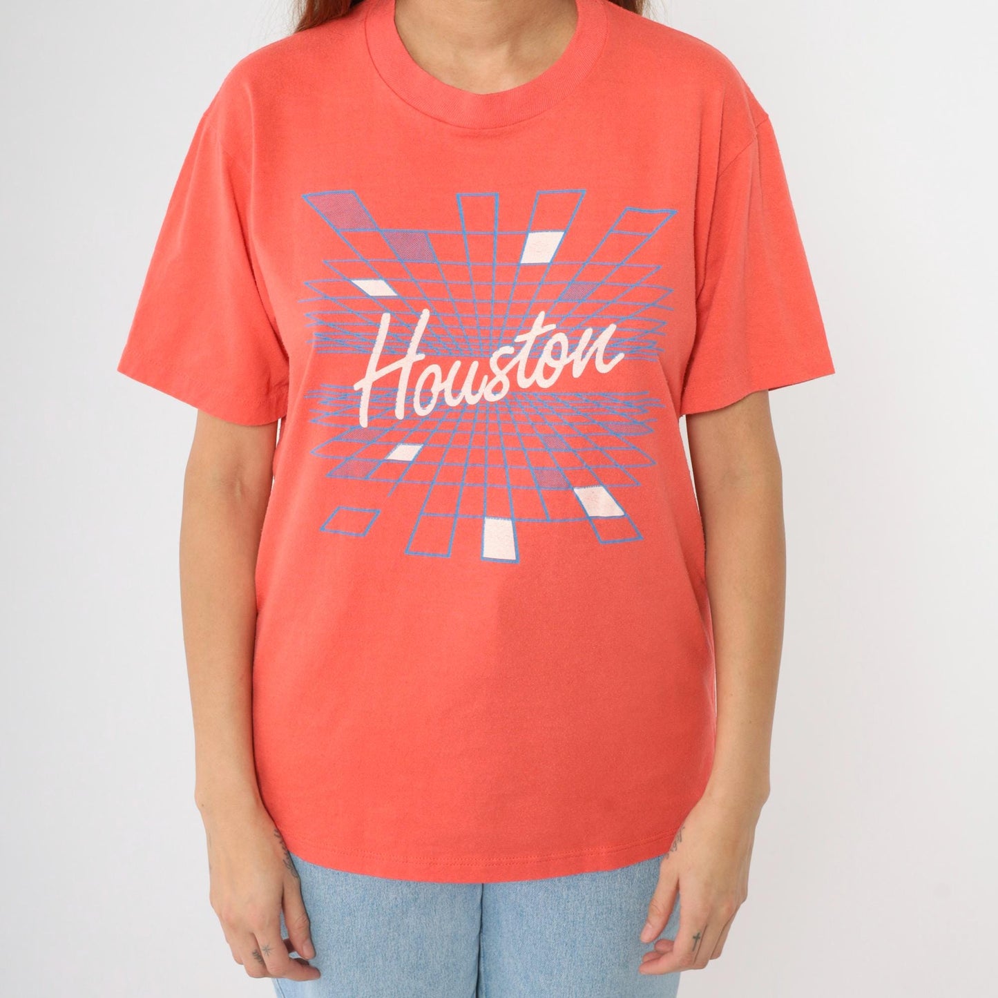 80s Houston Graphic T-Shirt Orange Spellout Velva Sheen Medium