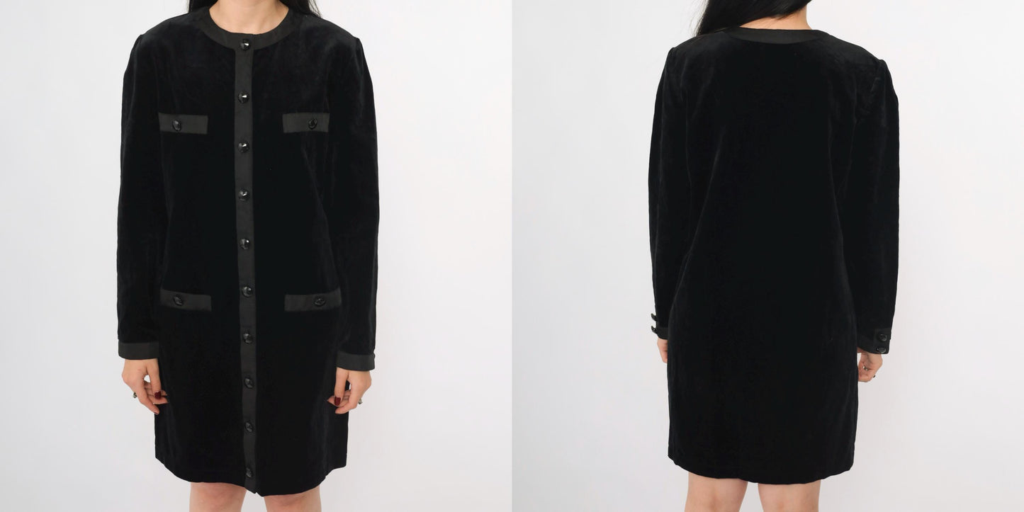80s Black Velvet Jacket Dress Mini Button-Up Long Sleeve Medium
