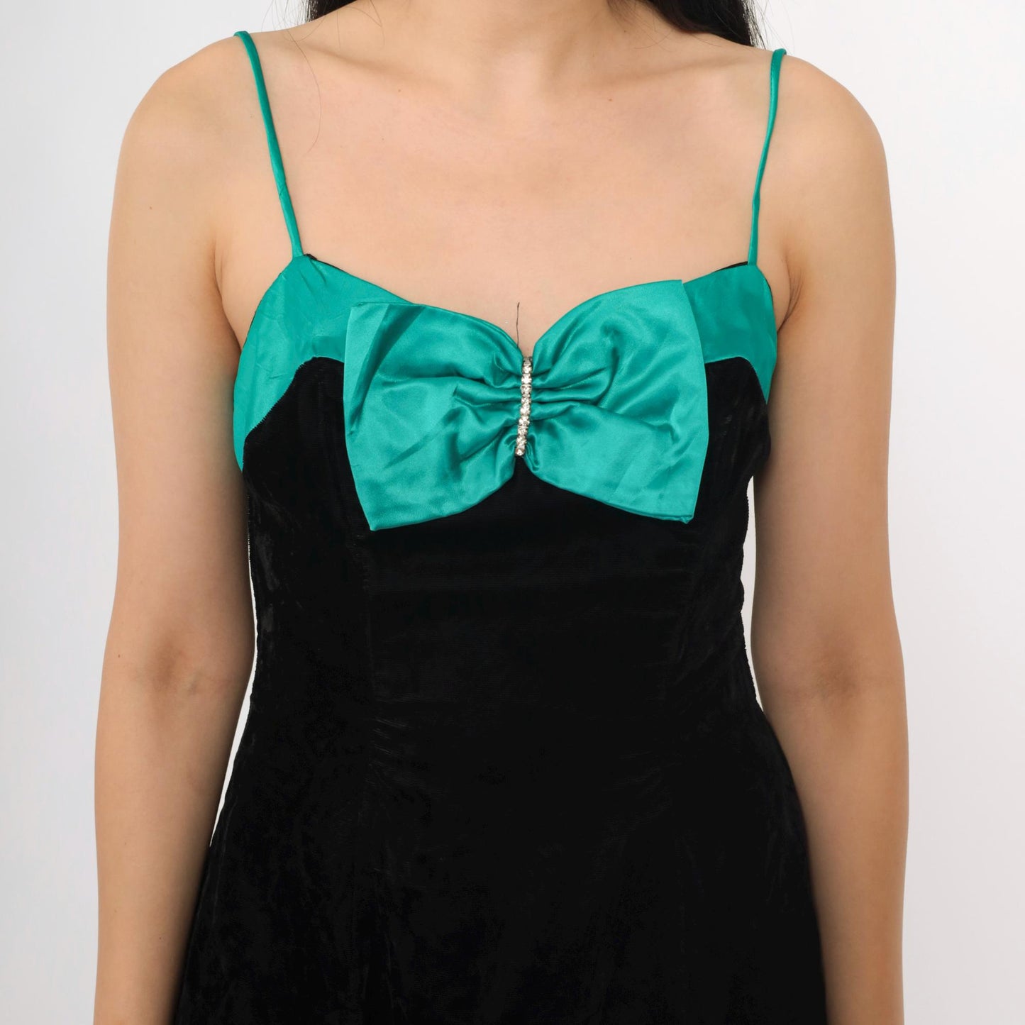 80s Black Velvet Mini Dress Teal Bow Sweetheart Neckline Spaghetti Strap Extra Small