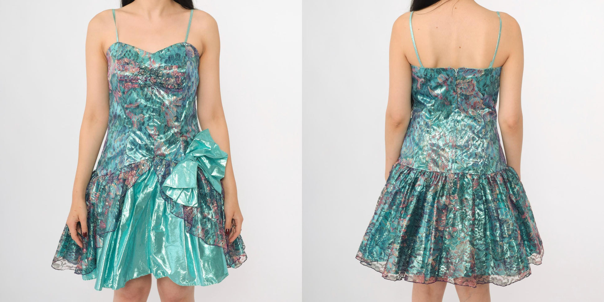 80s Teal Lamé Party Dress Sweetheart Neckline Metallic Lace Mini XS