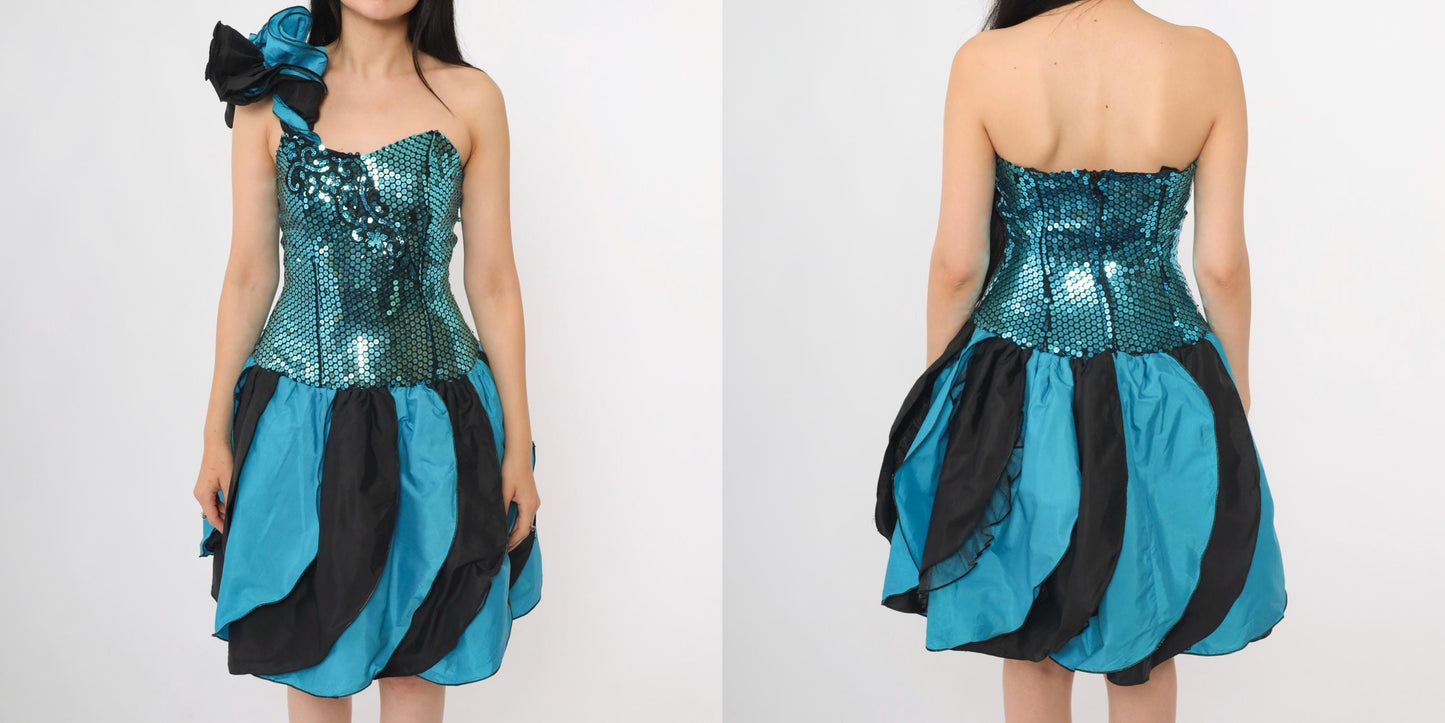 80s J Reynolds Designs Turquoise Sequin Strapless Dress Balloon Skirt Small