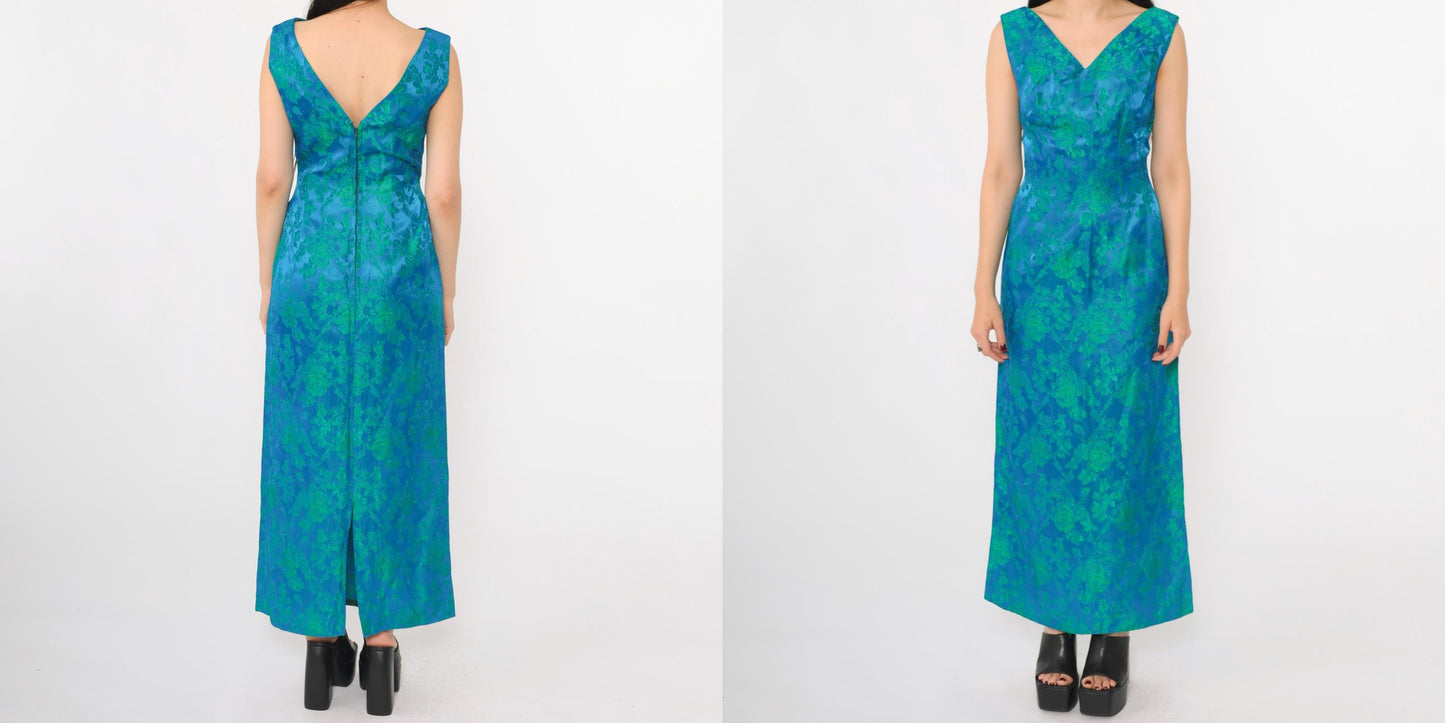 1960s Blue Green Floral Jacquard Maxi Dress V Neck Sleeveless Evening Gown Small
