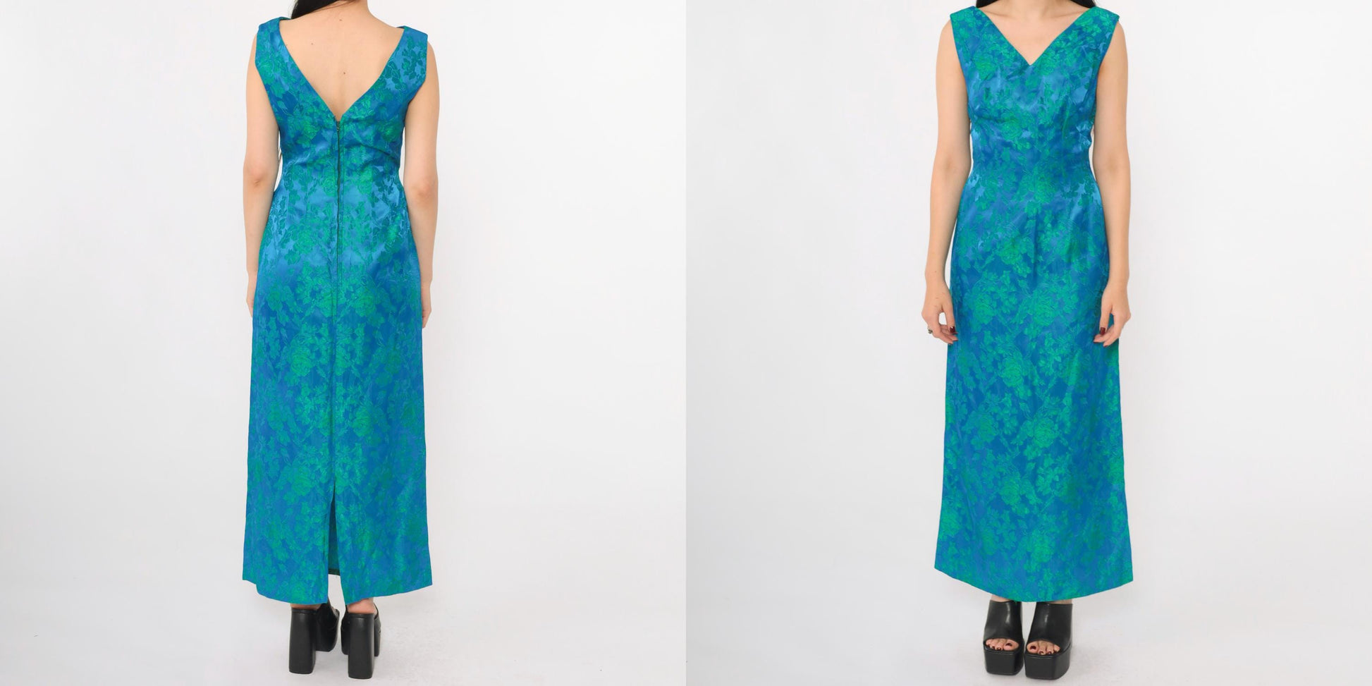 1960s Blue Green Floral Jacquard Maxi Dress V Neck Sleeveless Evening Gown Small