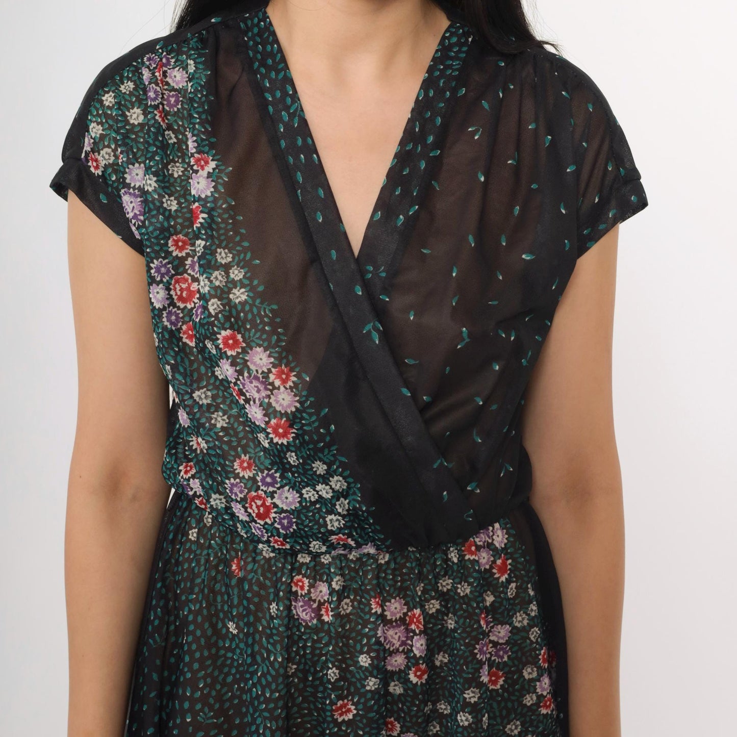 70s Black Floral Sheer Midi Dress Faux Wrap V Neck Cap Sleeve Small