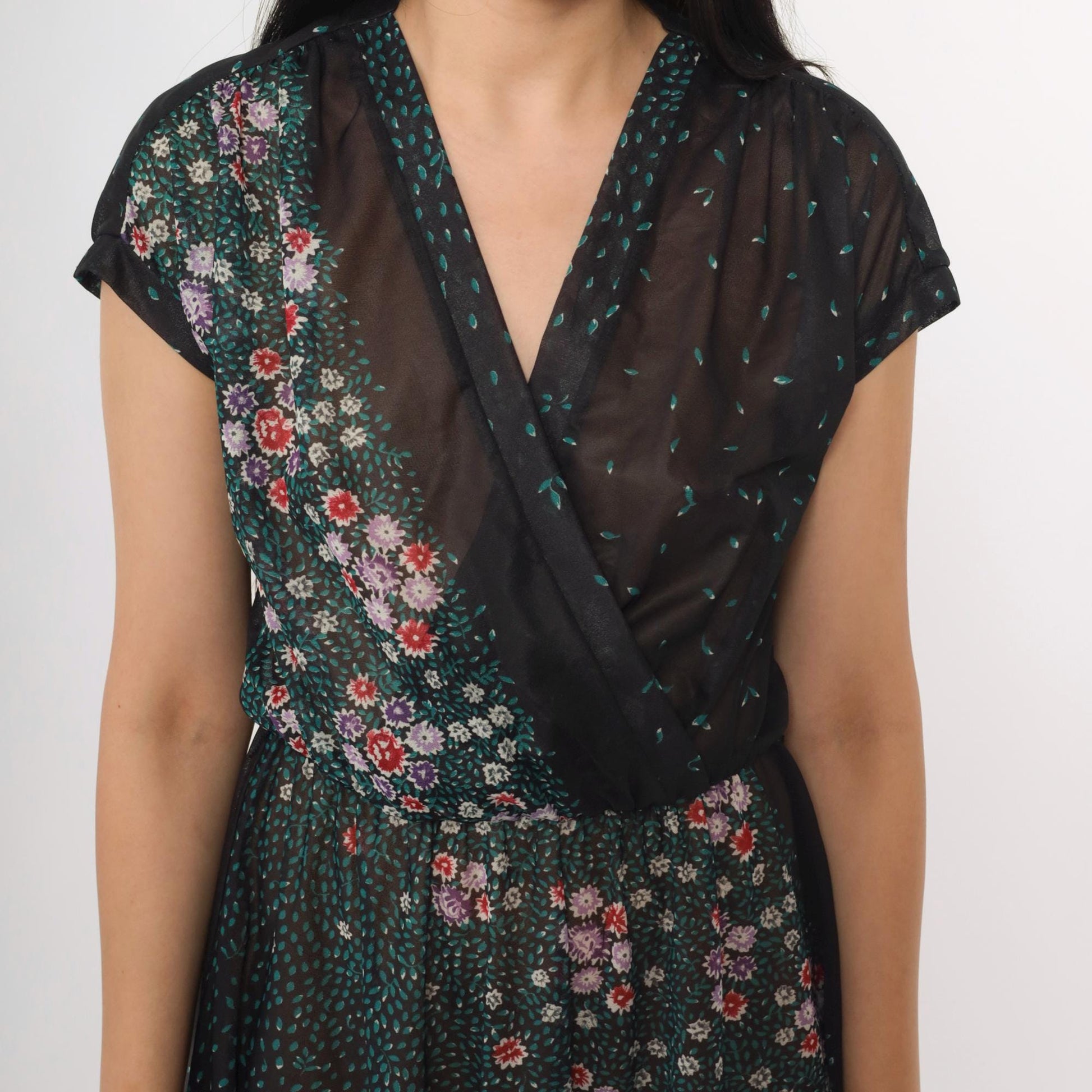 70s Black Floral Sheer Midi Dress Faux Wrap V Neck Cap Sleeve Small