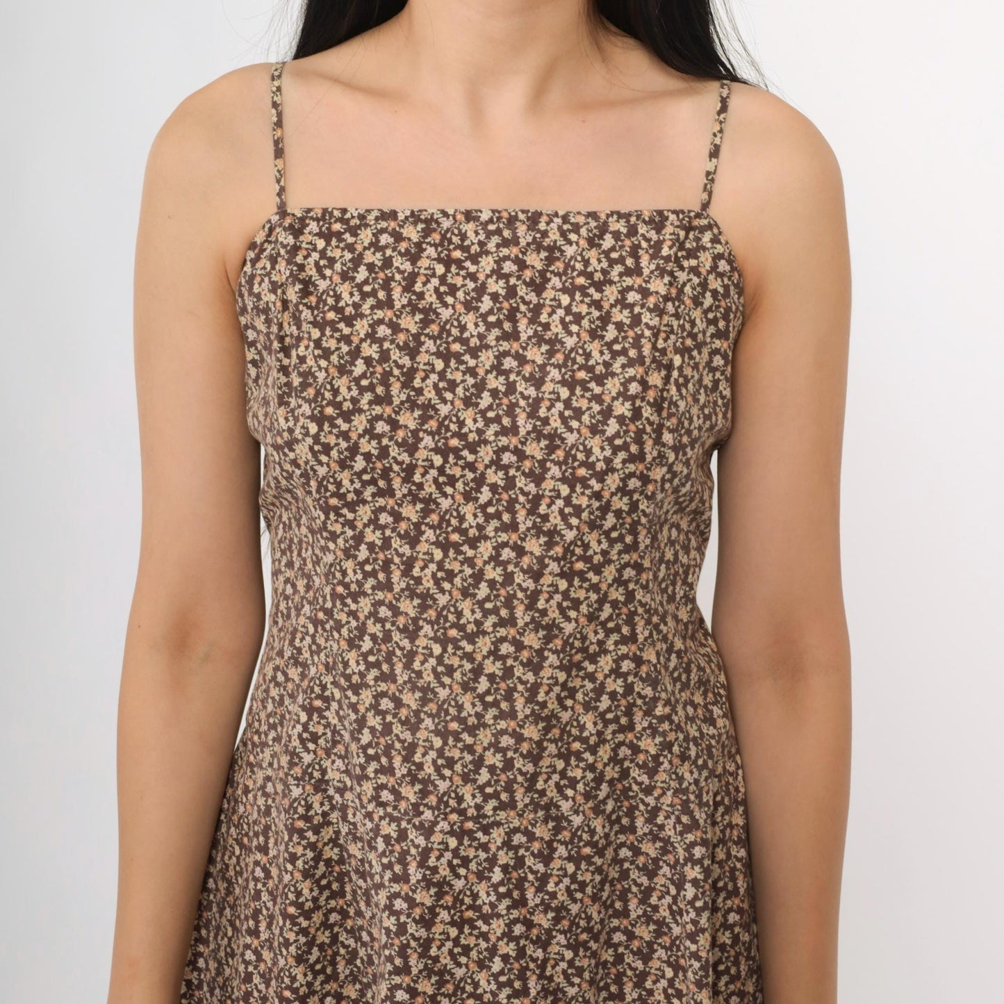 90s Brown Calico Floral A-Line Spaghetti Strap Dress Knee Length Medium