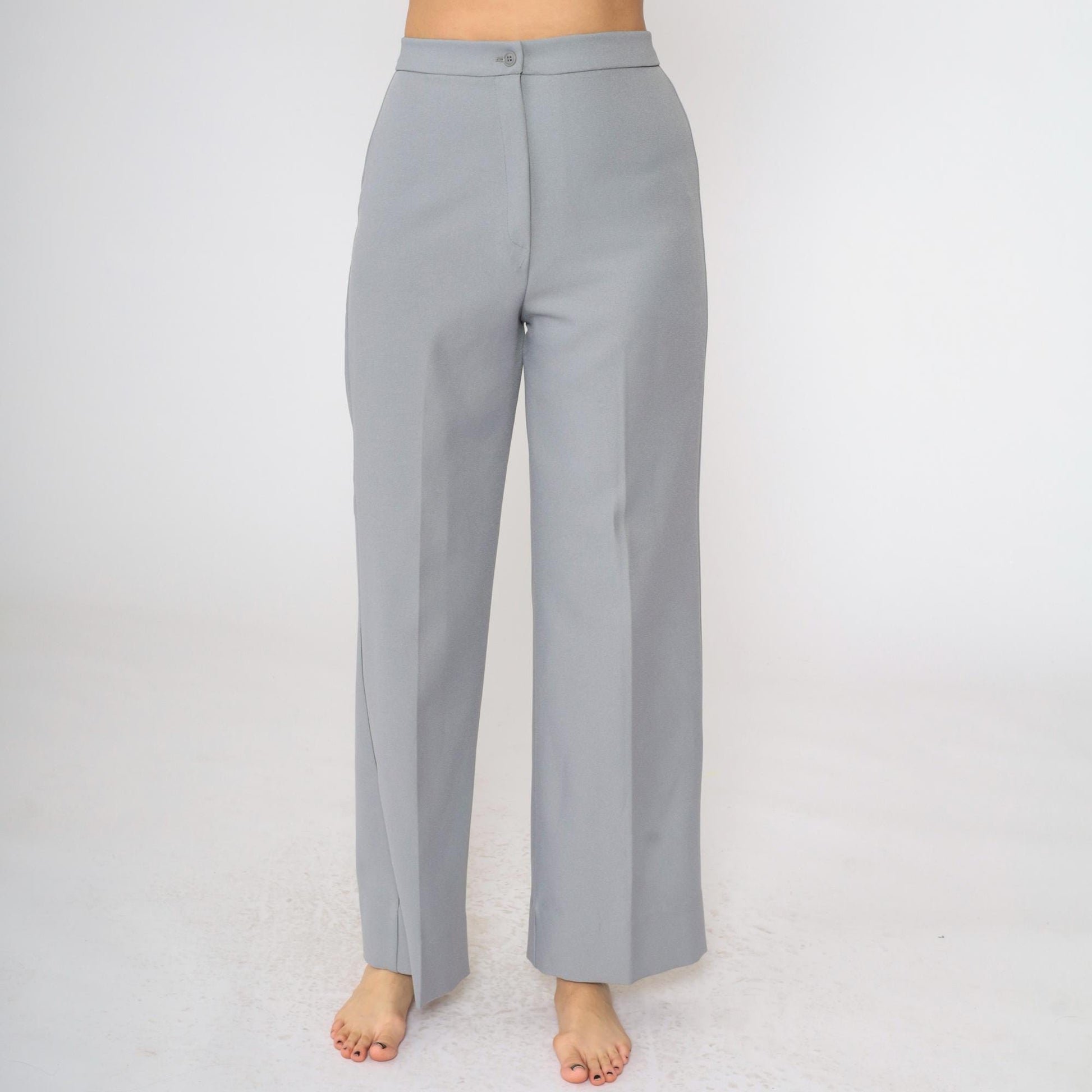 70s Grey Polyester High-Waist Wide-Leg Trousers Small S