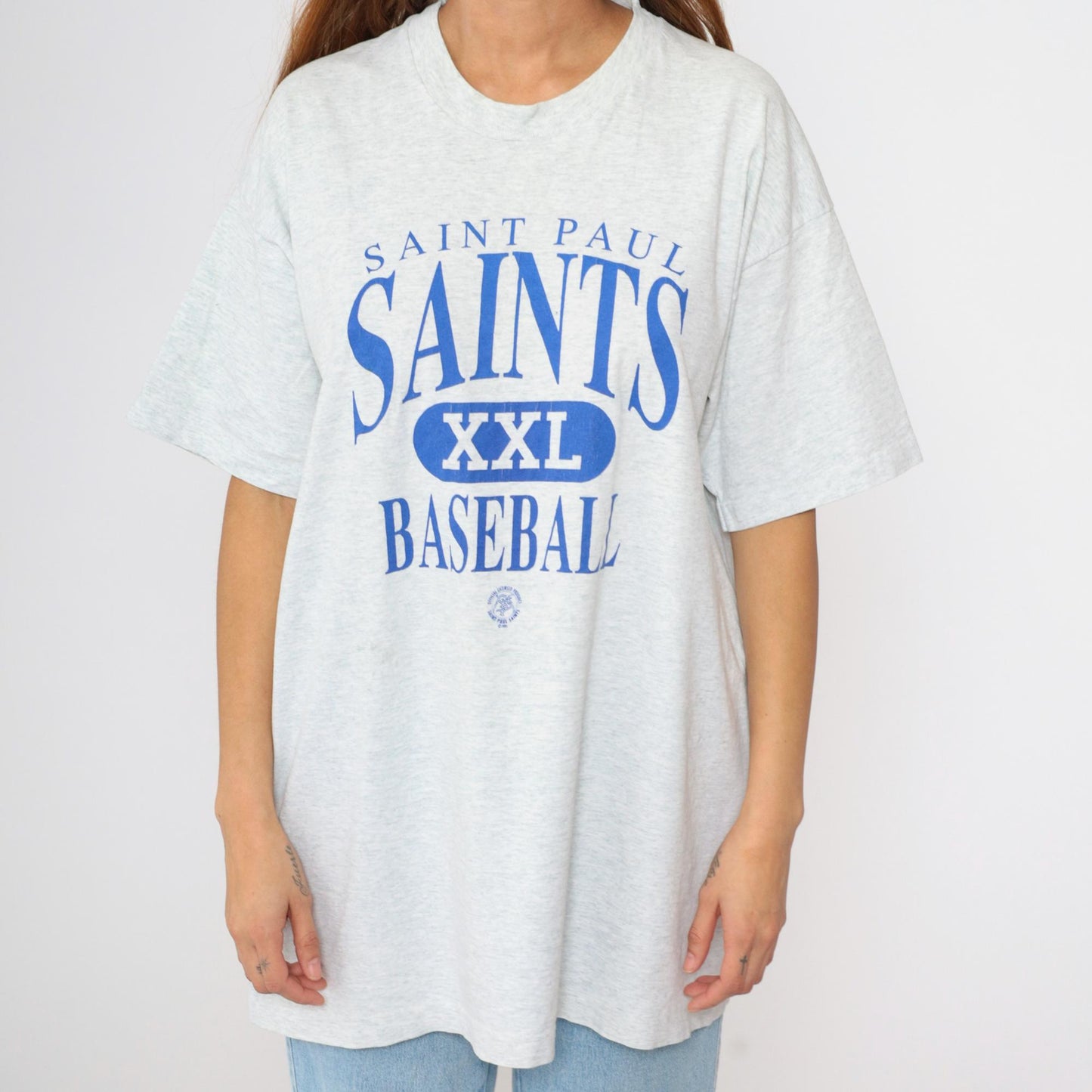 90s Saint Paul Saints Baseball Graphic T-Shirt Grey Fruit of the Loom Extra Large