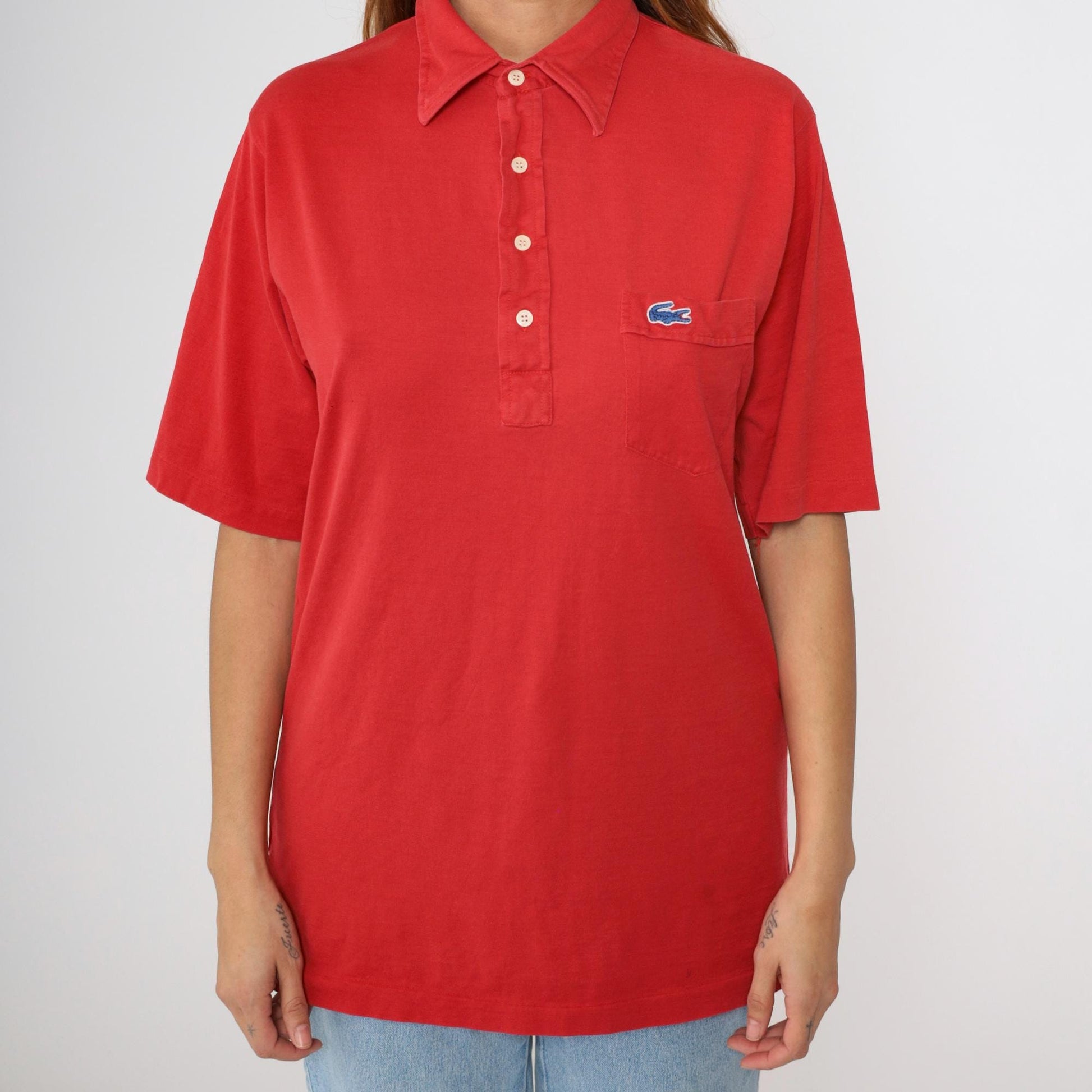 80s Lacoste Izod Polo Shirt Red Crocodile Logo Cotton Medium