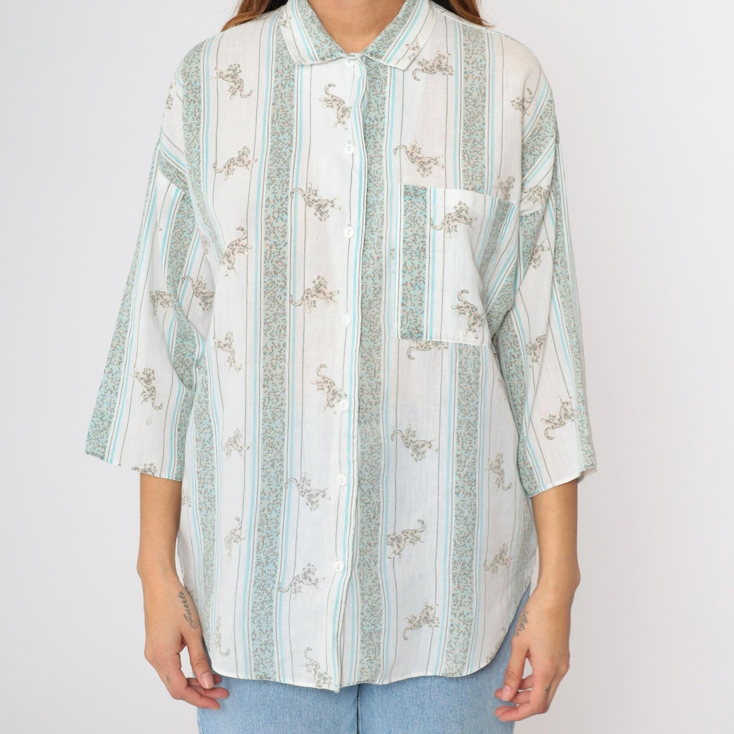 80s Leopard Striped Button-Up Blouse White Blue 3/4 Sleeve Large