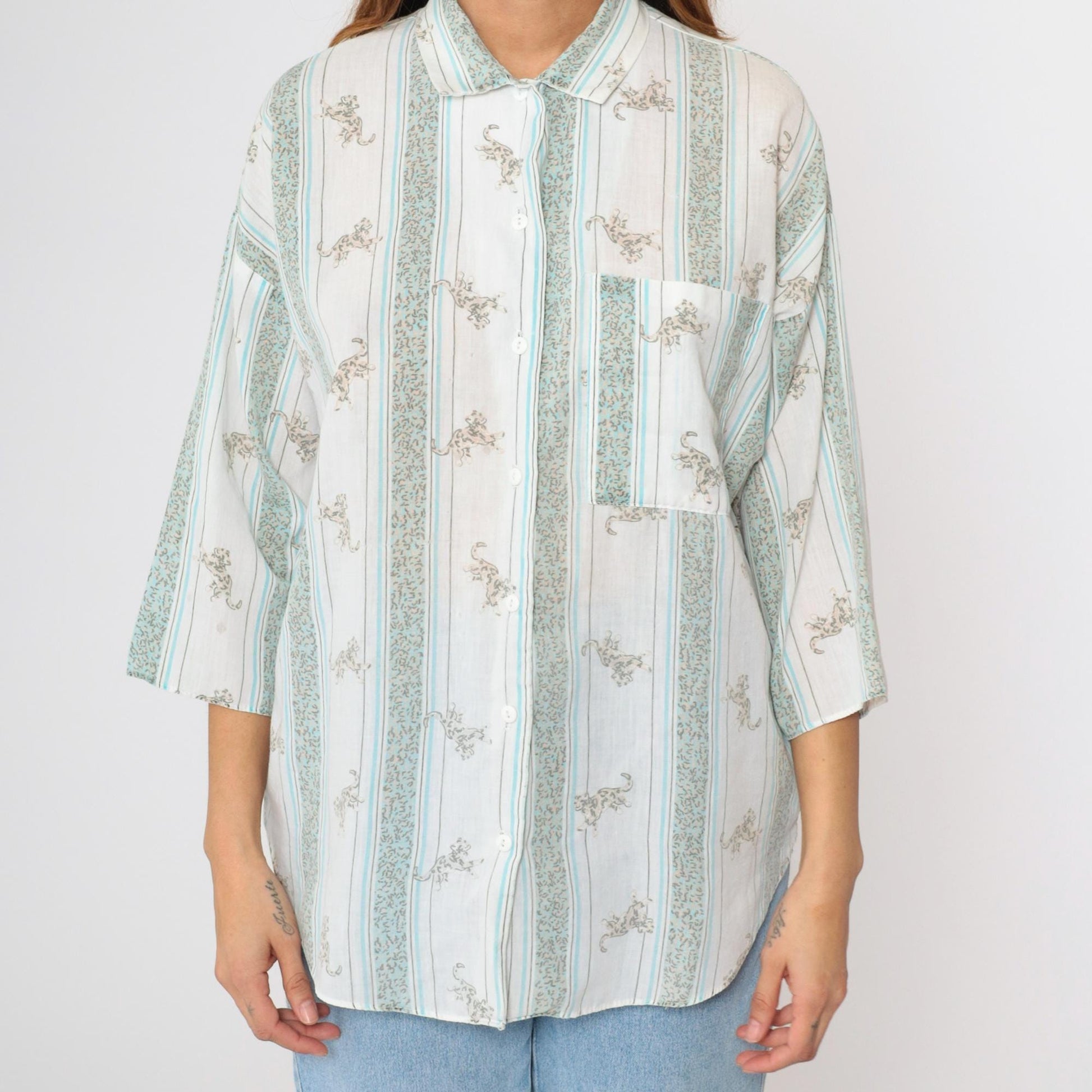 80s Leopard Striped Button-Up Blouse White Blue 3/4 Sleeve Large
