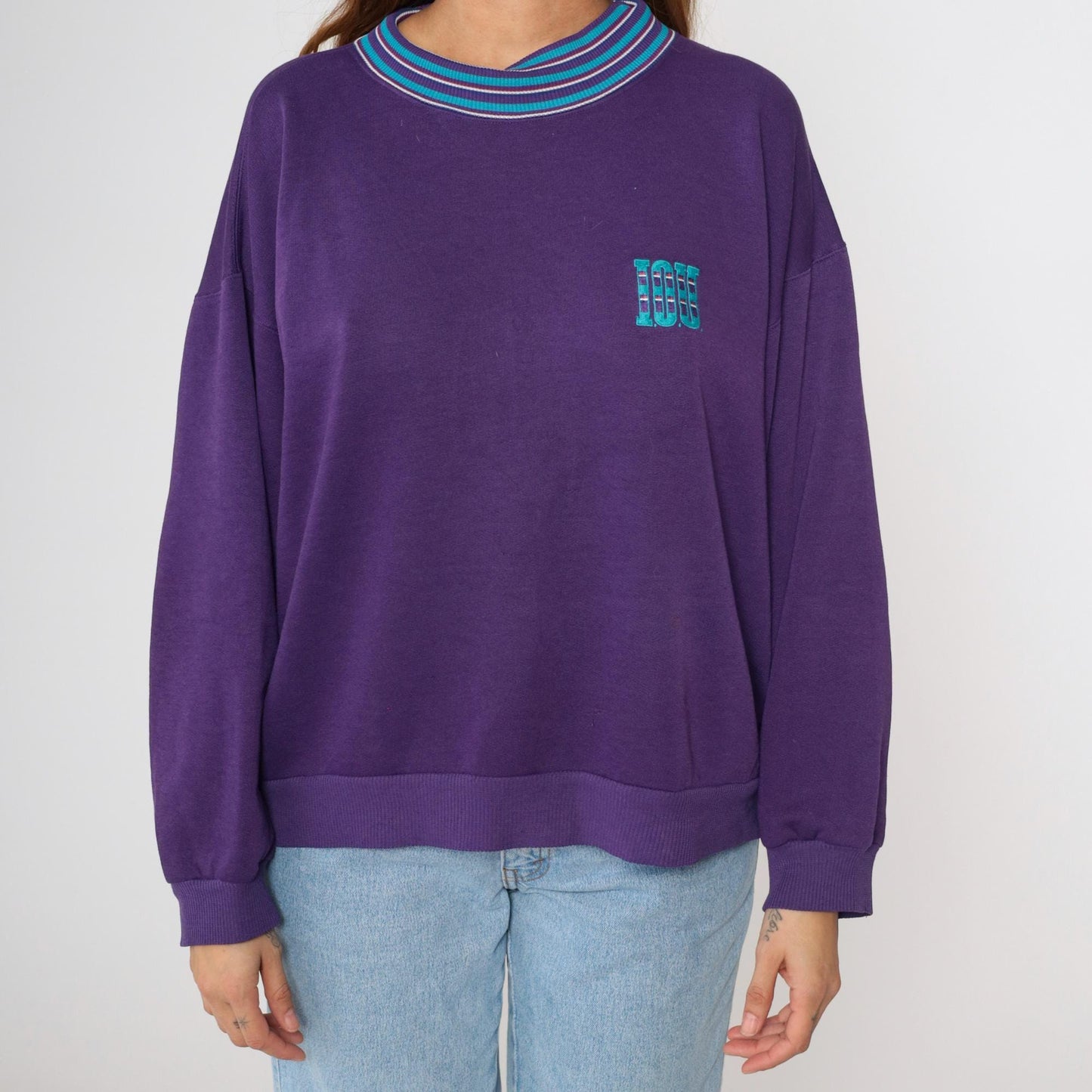 90s I.O.U. Spellout Sweatshirt Purple Striped Collar Graphic Pullover Large