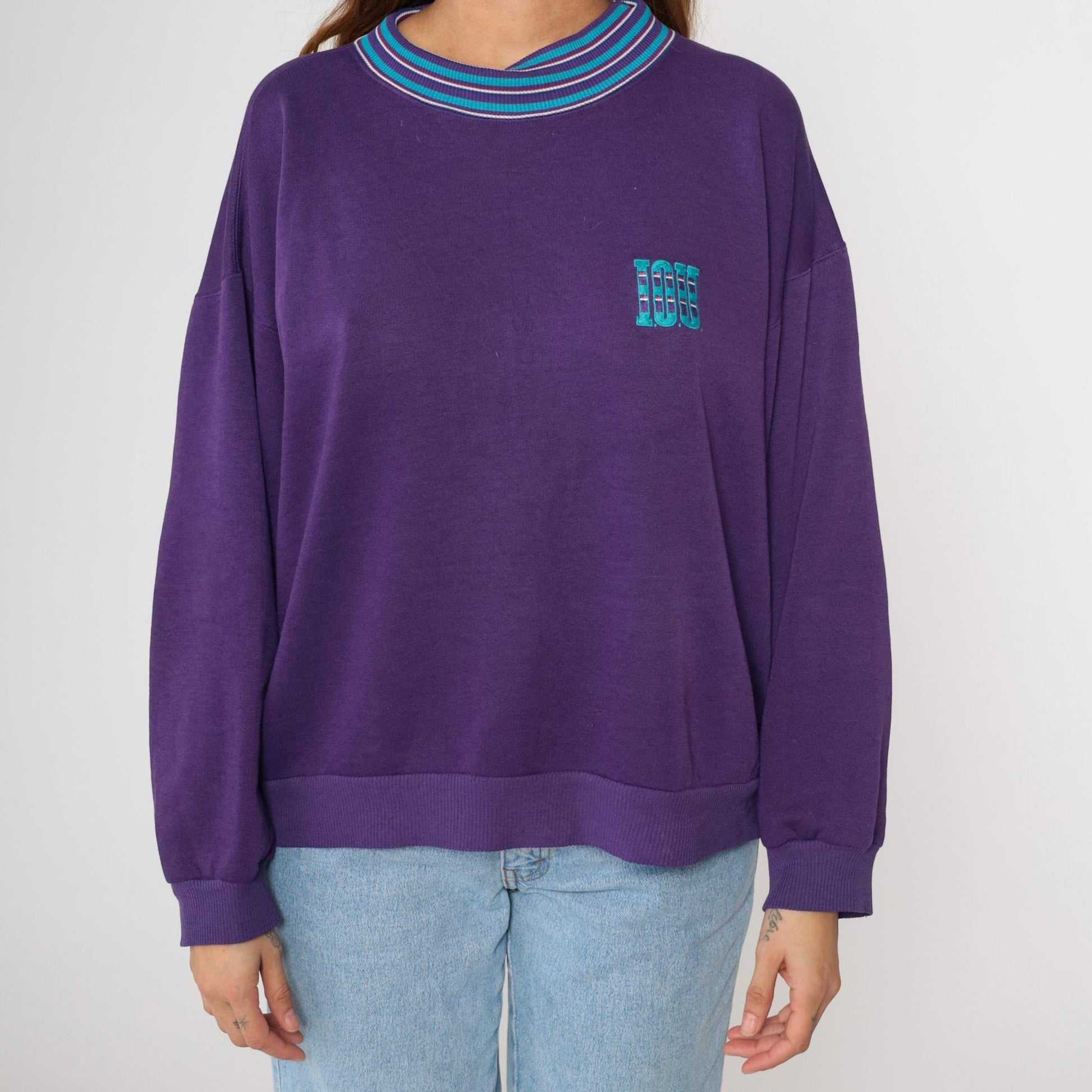 90s I.O.U. Spellout Sweatshirt Purple Striped Collar Graphic Pullover Large