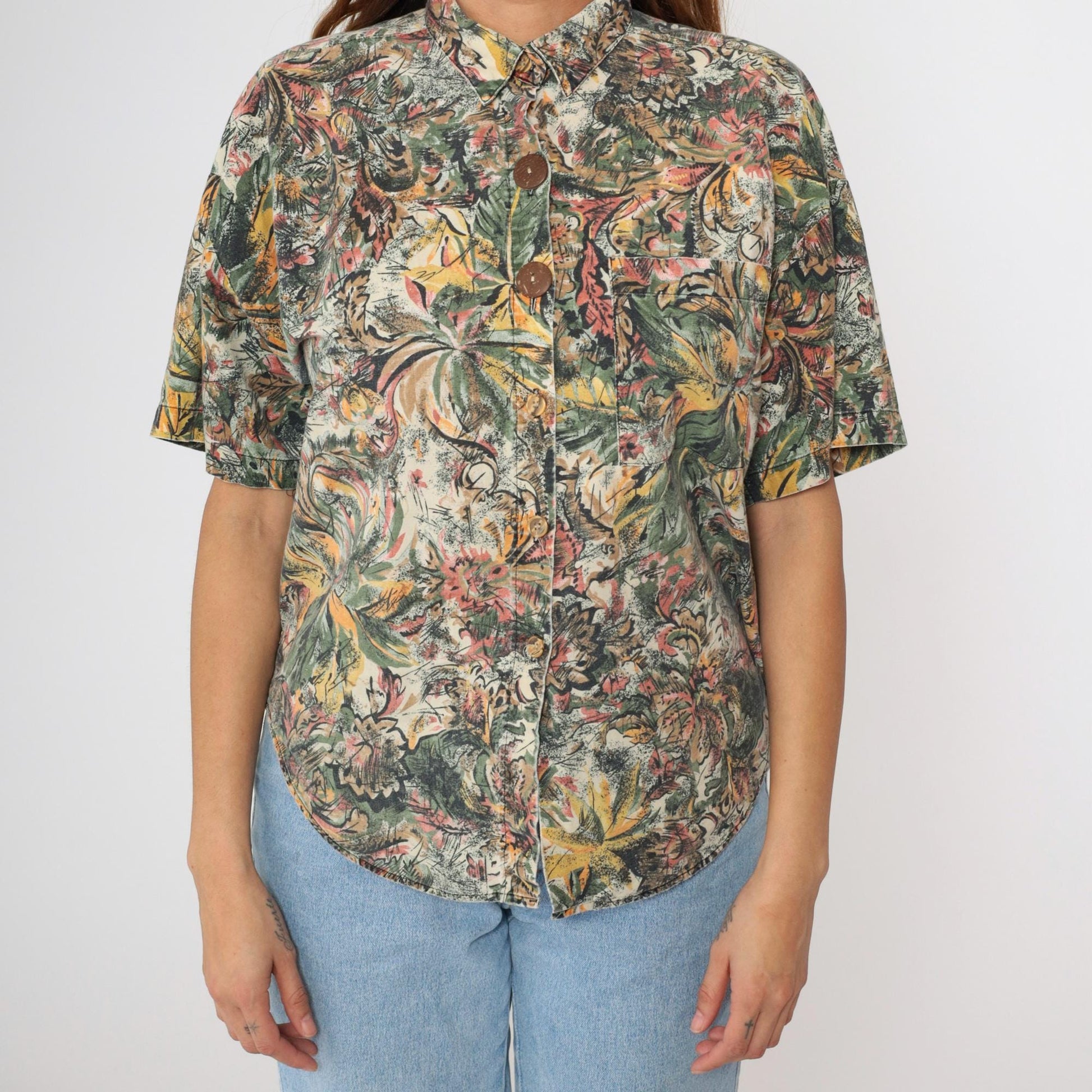 90s Tropical Jungle Print Button-Up Shirt Green Yellow Pink Cotton Large
