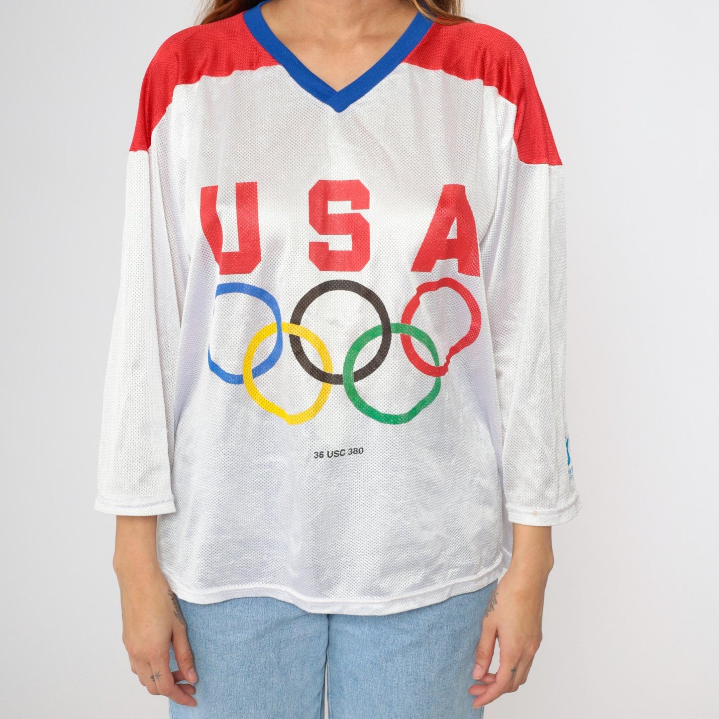 80s USA Mesh Hockey Jersey White Red Blue Block Lettering Medium
