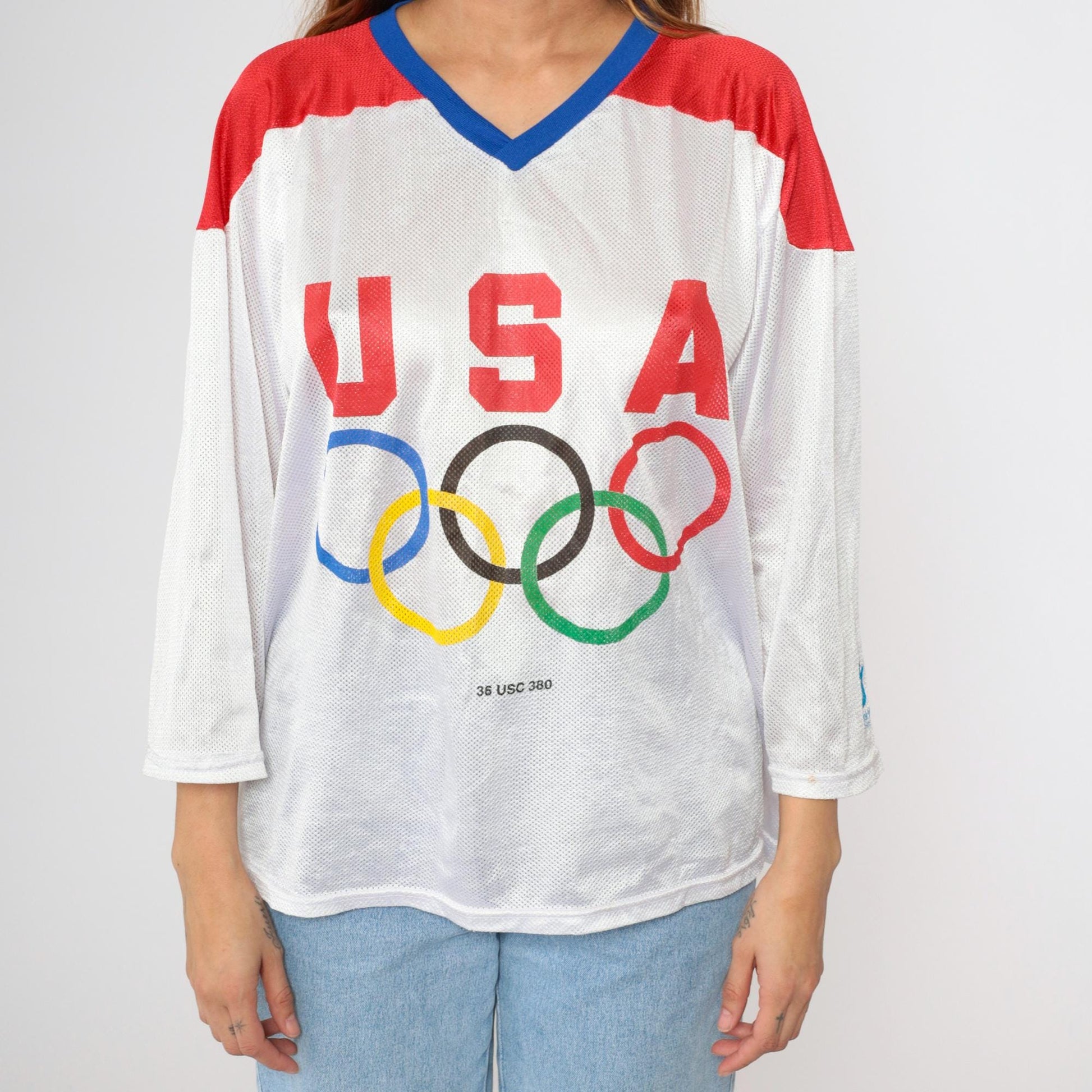 80s USA Mesh Hockey Jersey White Red Blue Block Lettering Medium
