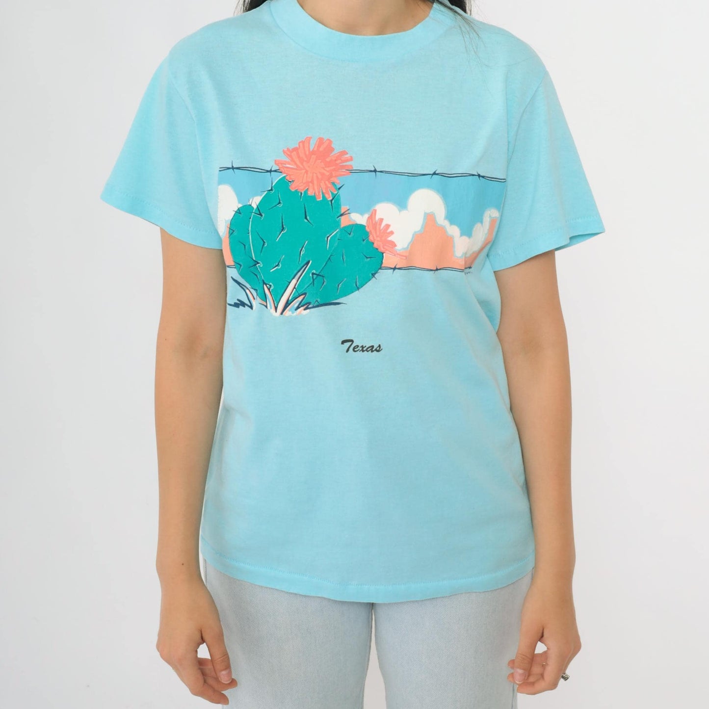 90s Texas Cactus Graphic T-Shirt Blue Single Stitch Crewneck Small