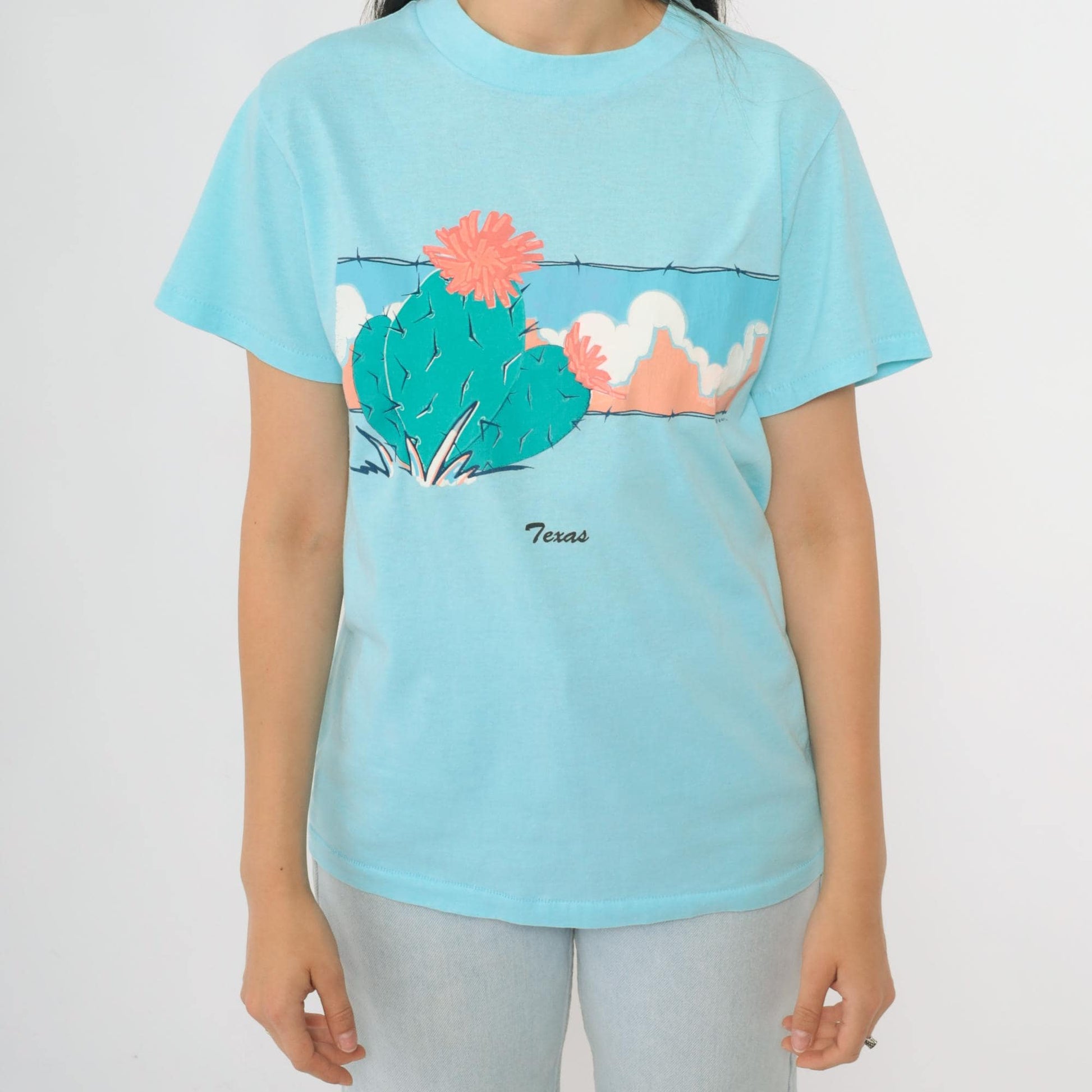 90s Texas Cactus Graphic T-Shirt Blue Single Stitch Crewneck Small
