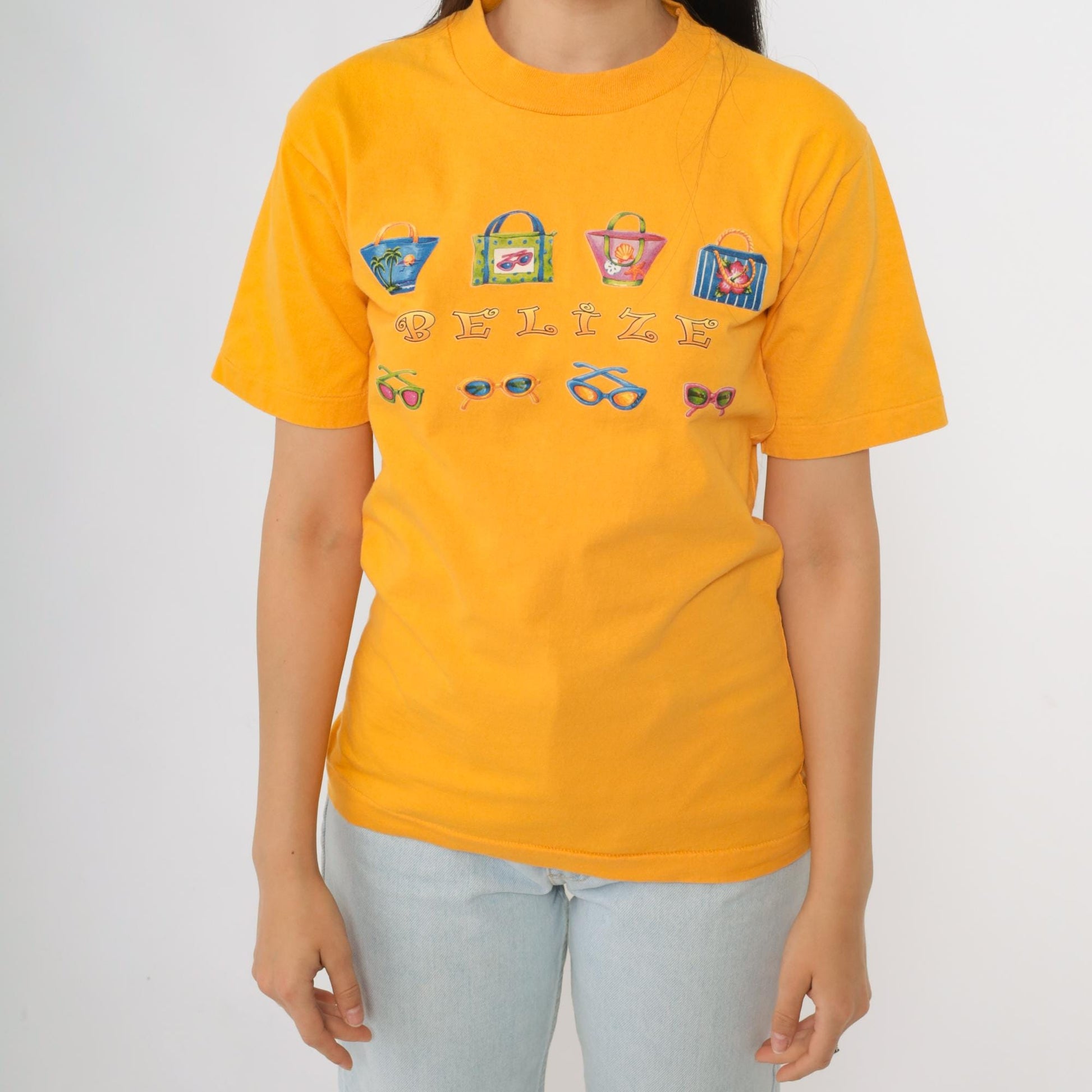 90s Belize Sunglasses Graphic T-Shirt Yellow Cotton Crewneck Extra Small