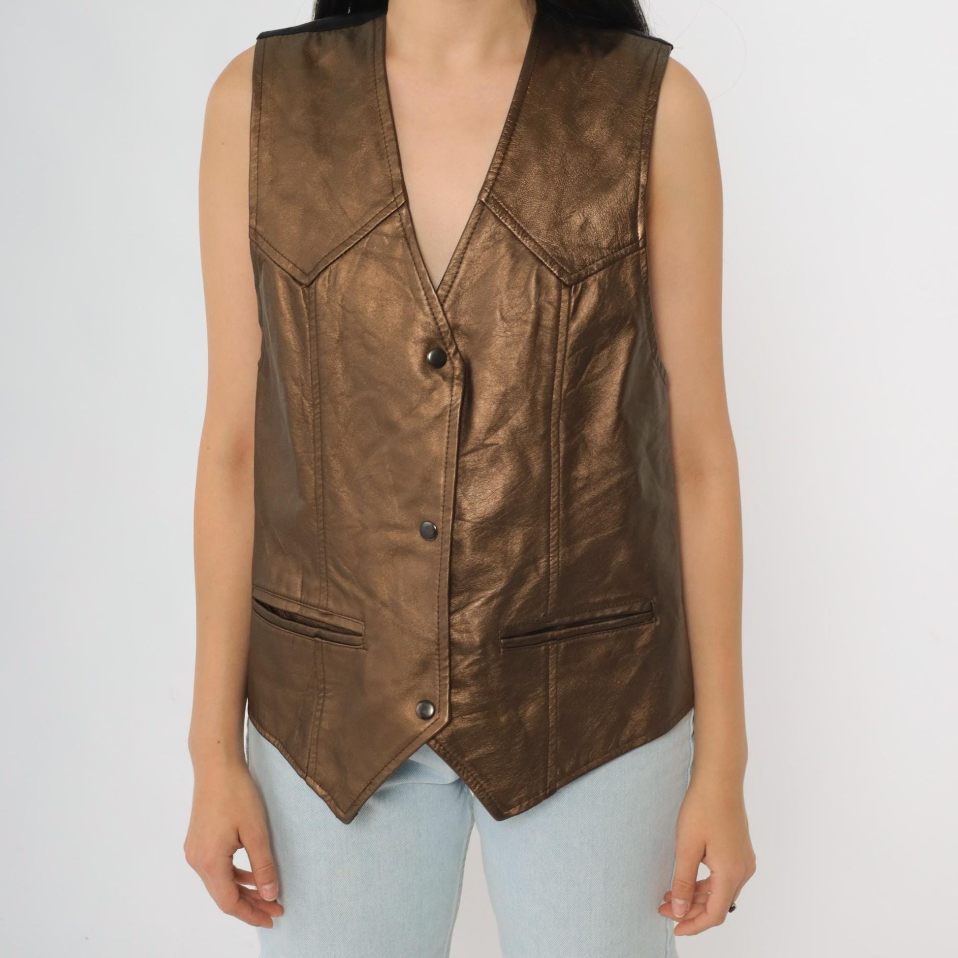 90s Metallic Copper Faux Leather Snap Vest Sleeveless Small S