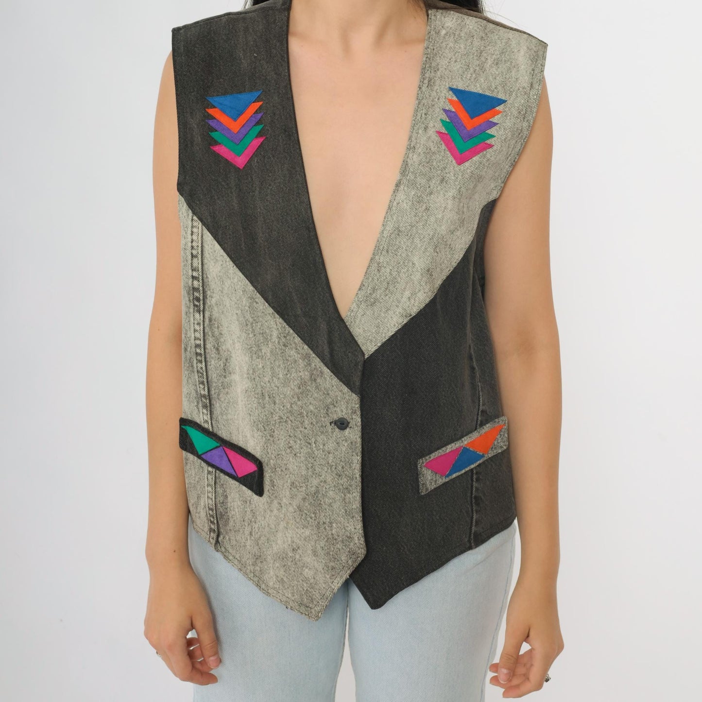 90s Southwestern Denim Vest Acid Wash Grey Black Deep V Neck Medium M