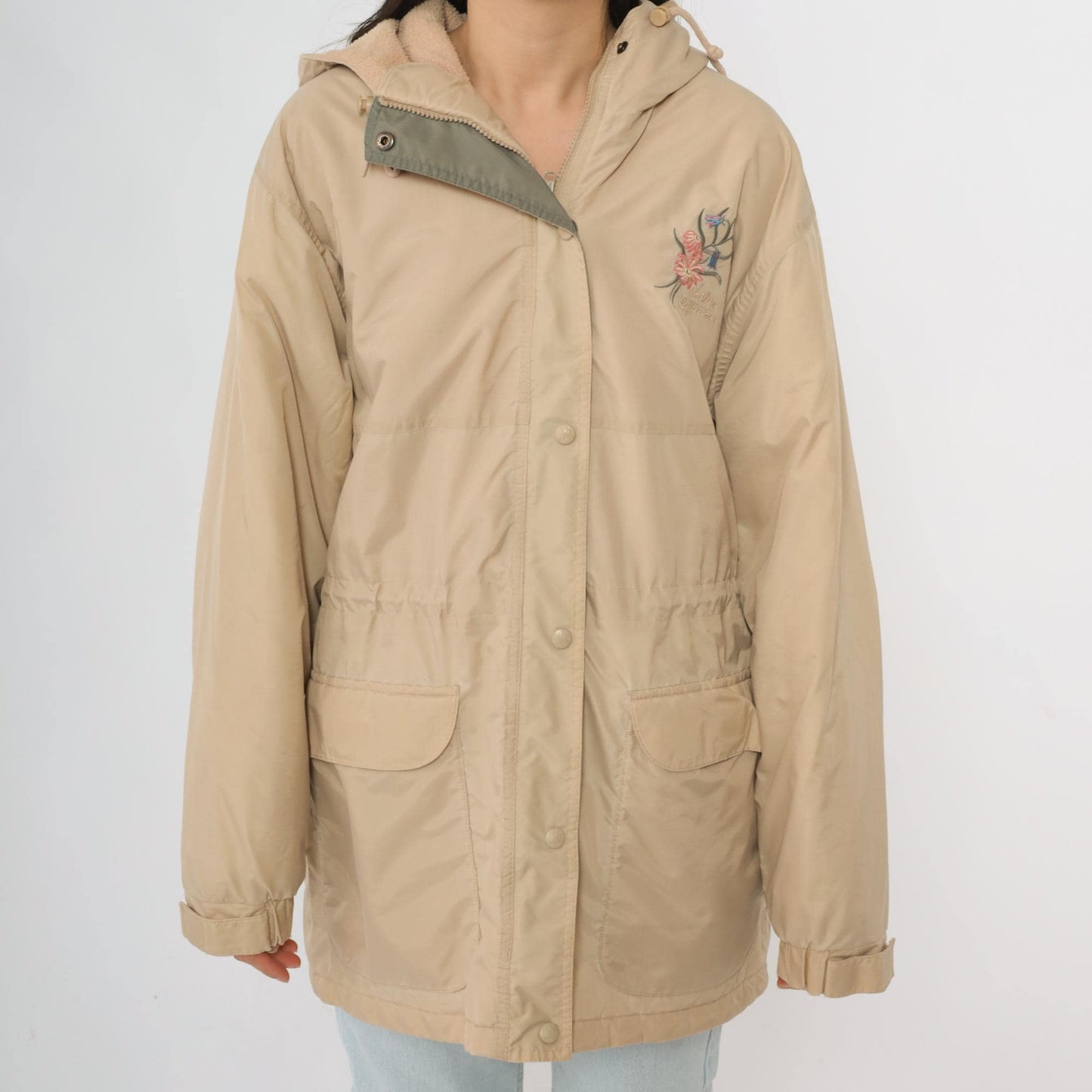 90s Northern Reflections Tan Hooded Windbreaker Floral Embroidered Fleece Lined Small