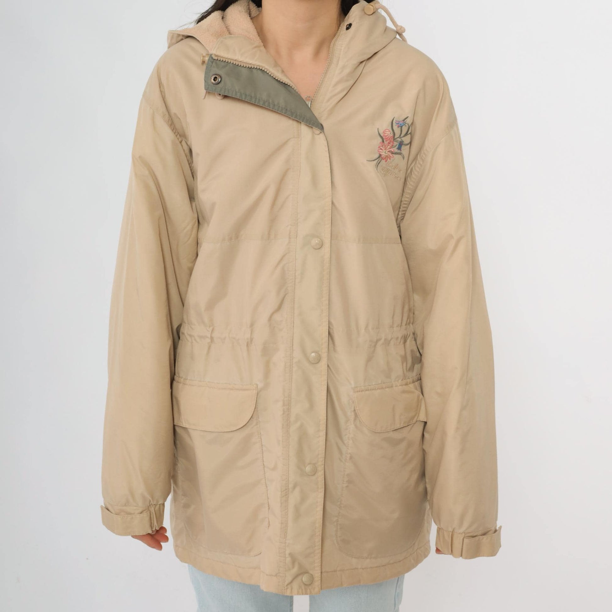 90s Northern Reflections Tan Hooded Windbreaker Floral Embroidered Fleece Lined Small