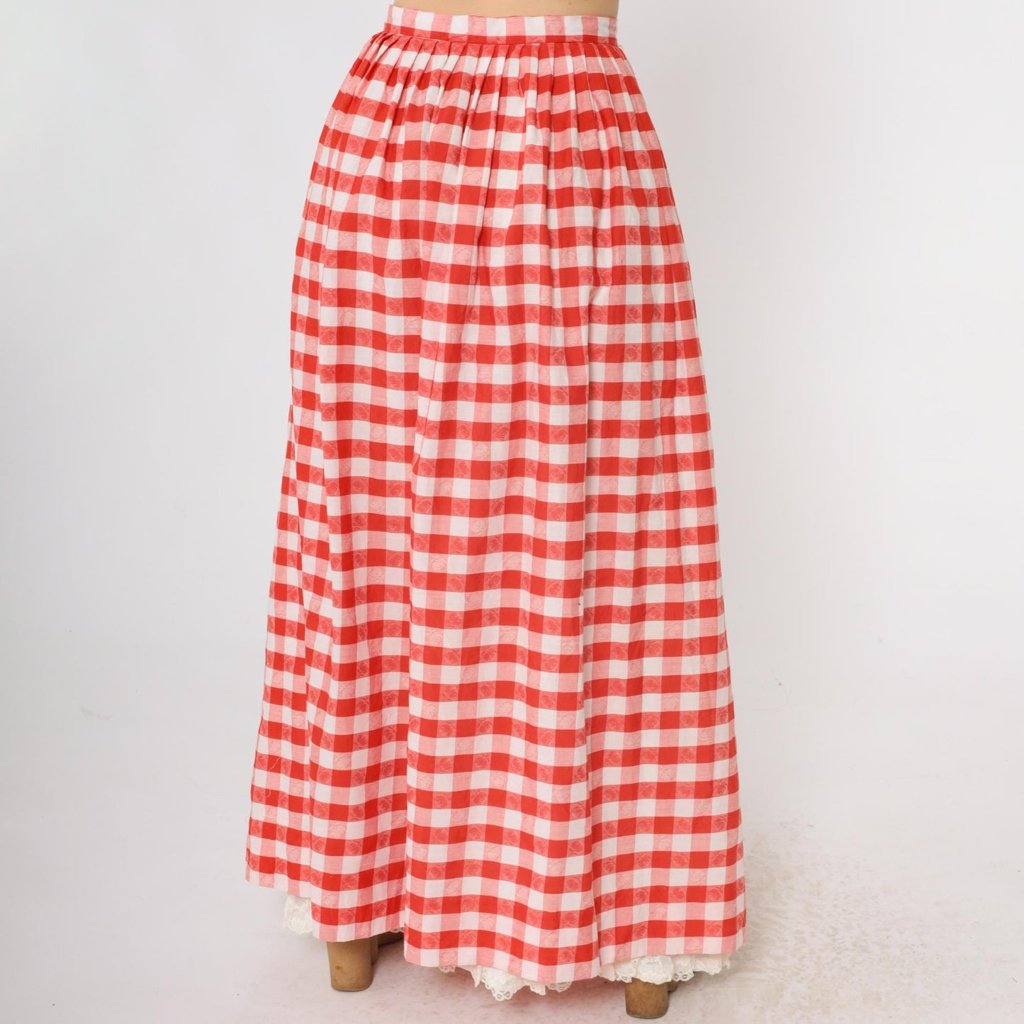 70s Red Gingham Maxi Skirt High Waist Lace Trim White Checkered Medium
