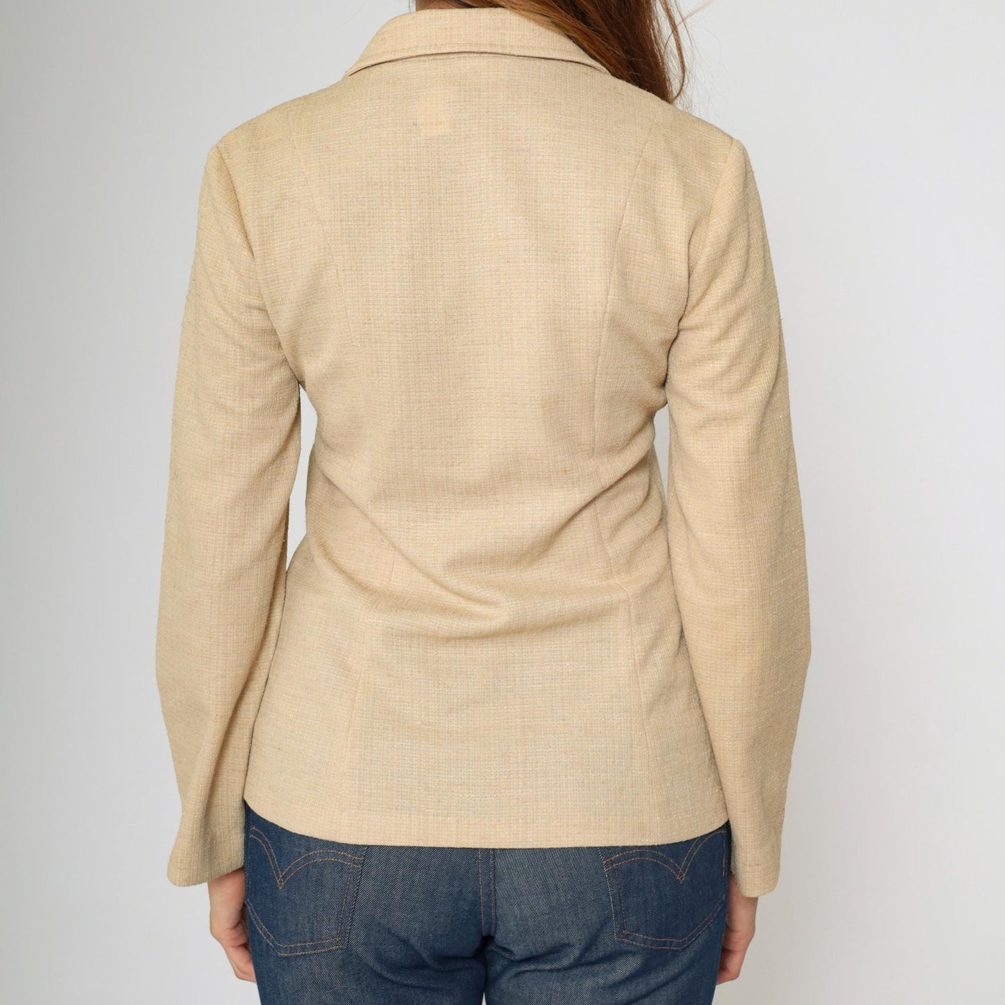70s Beige Polyester Blazer Button-Up Jacket Deep V Neck Small