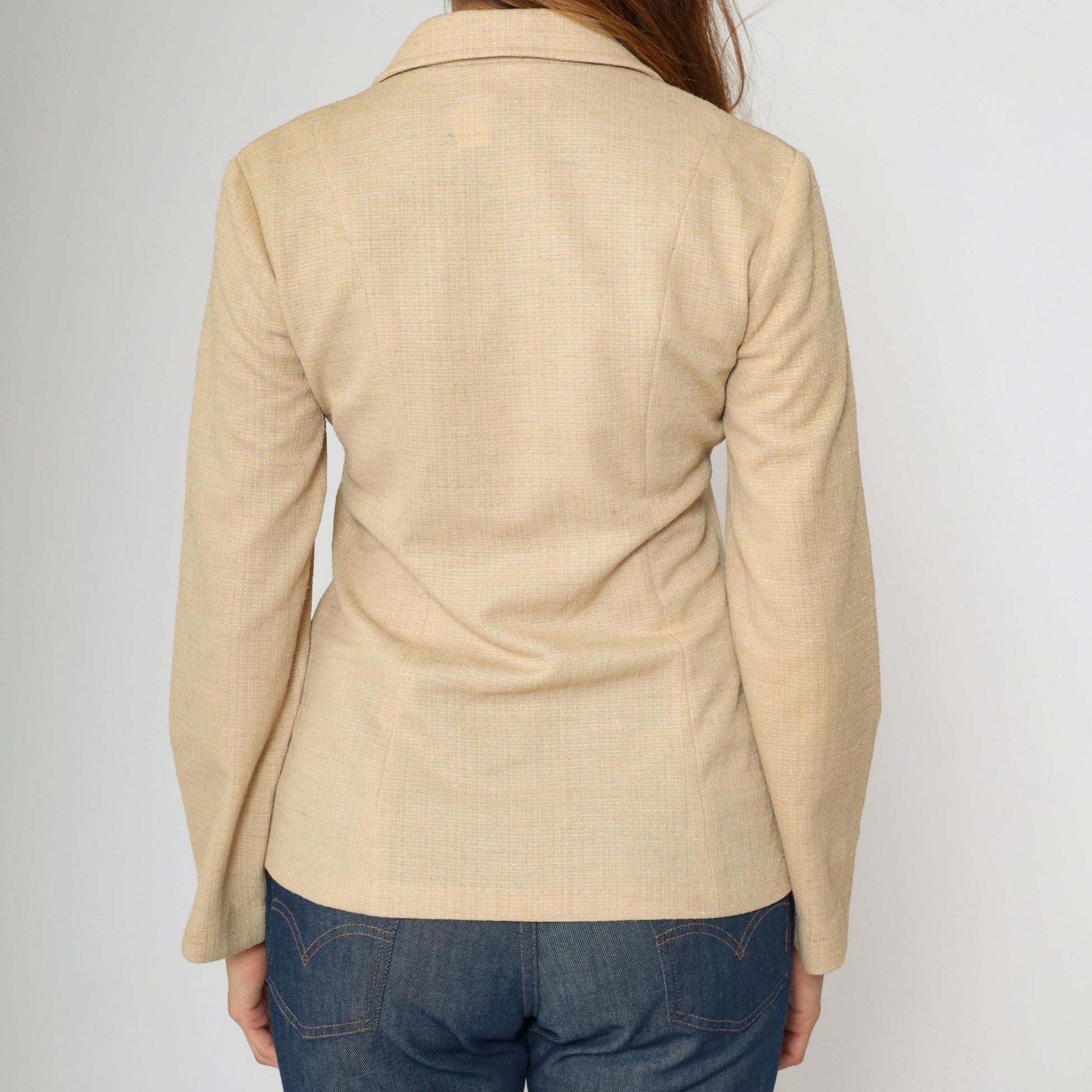 70s Beige Polyester Blazer Button-Up Jacket Deep V Neck Small