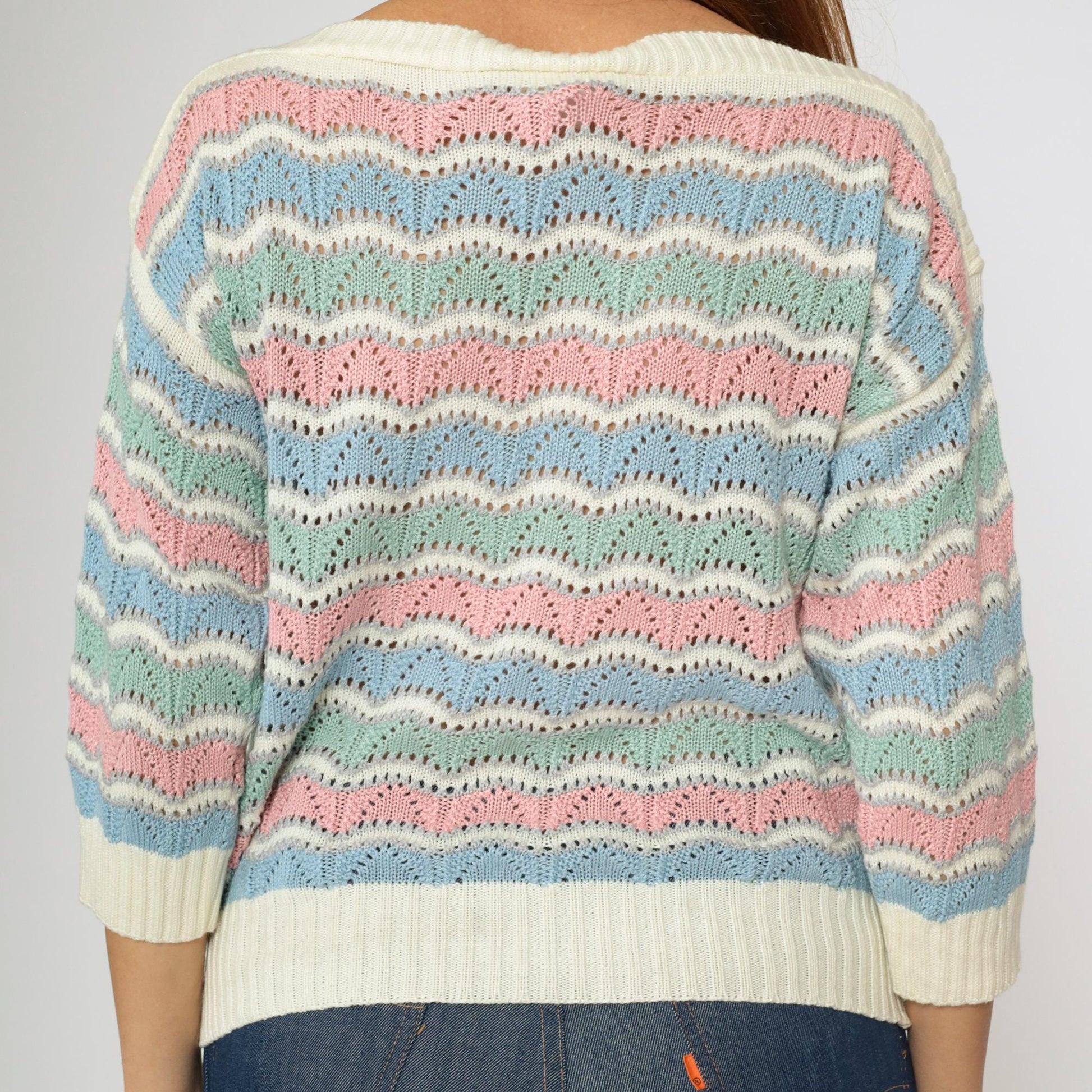 80s Bellocco Pastel Striped Pointelle Sweater Boatneck Knit Medium