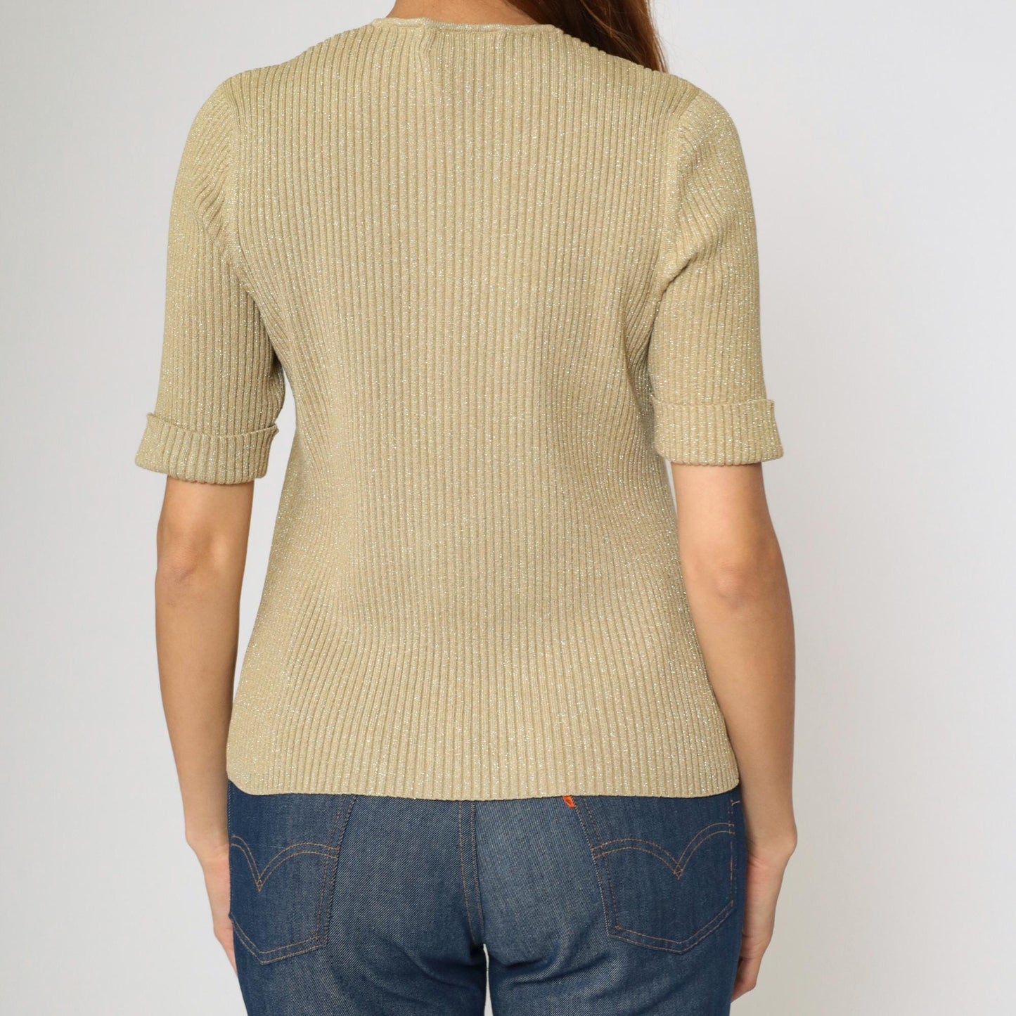 90s Kathie Lee Gold Sparkly Knit Top Short Sleeve V Neck Medium