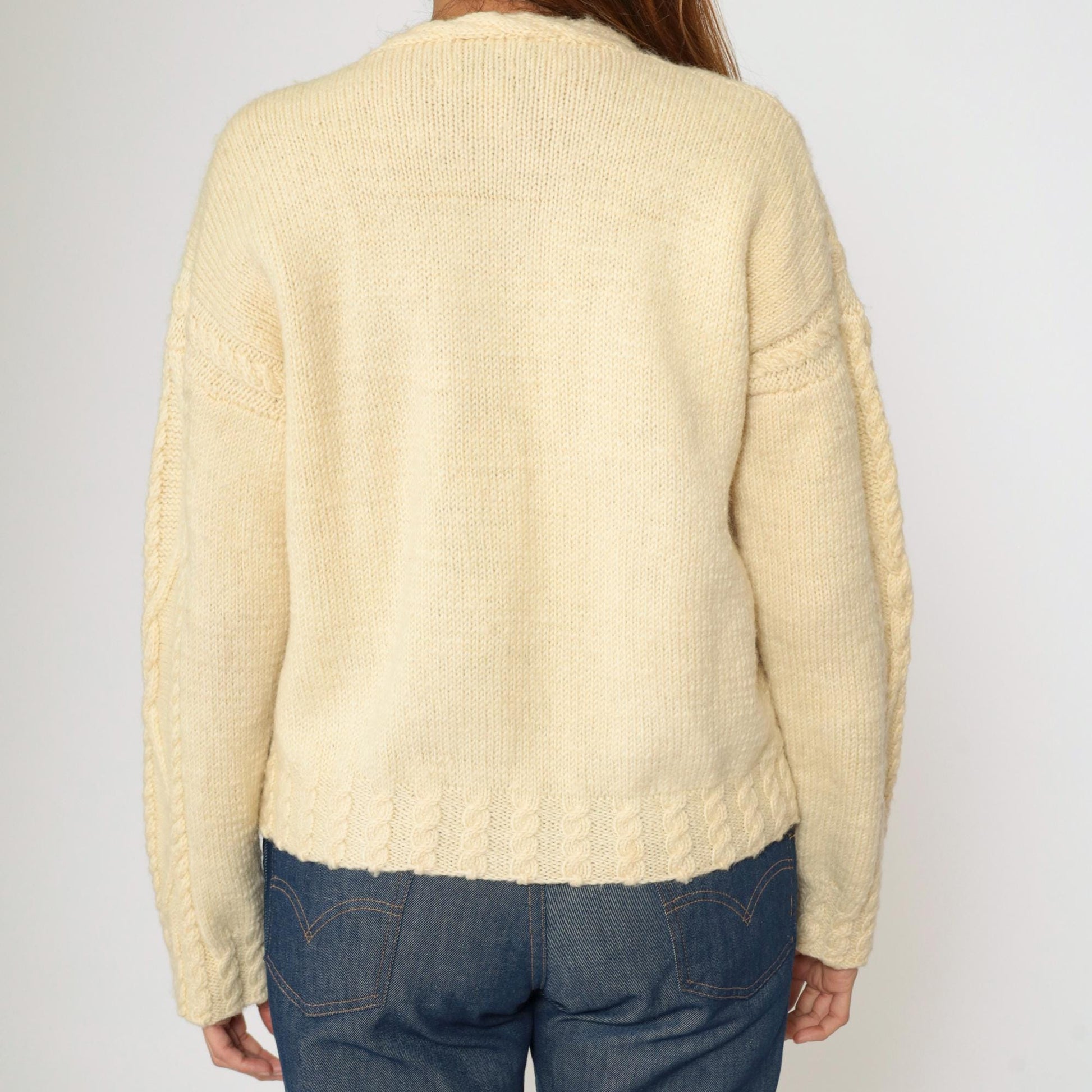 80s Gusto Wool Cable Knit Cardigan Cream Button-Up V-Neck Small