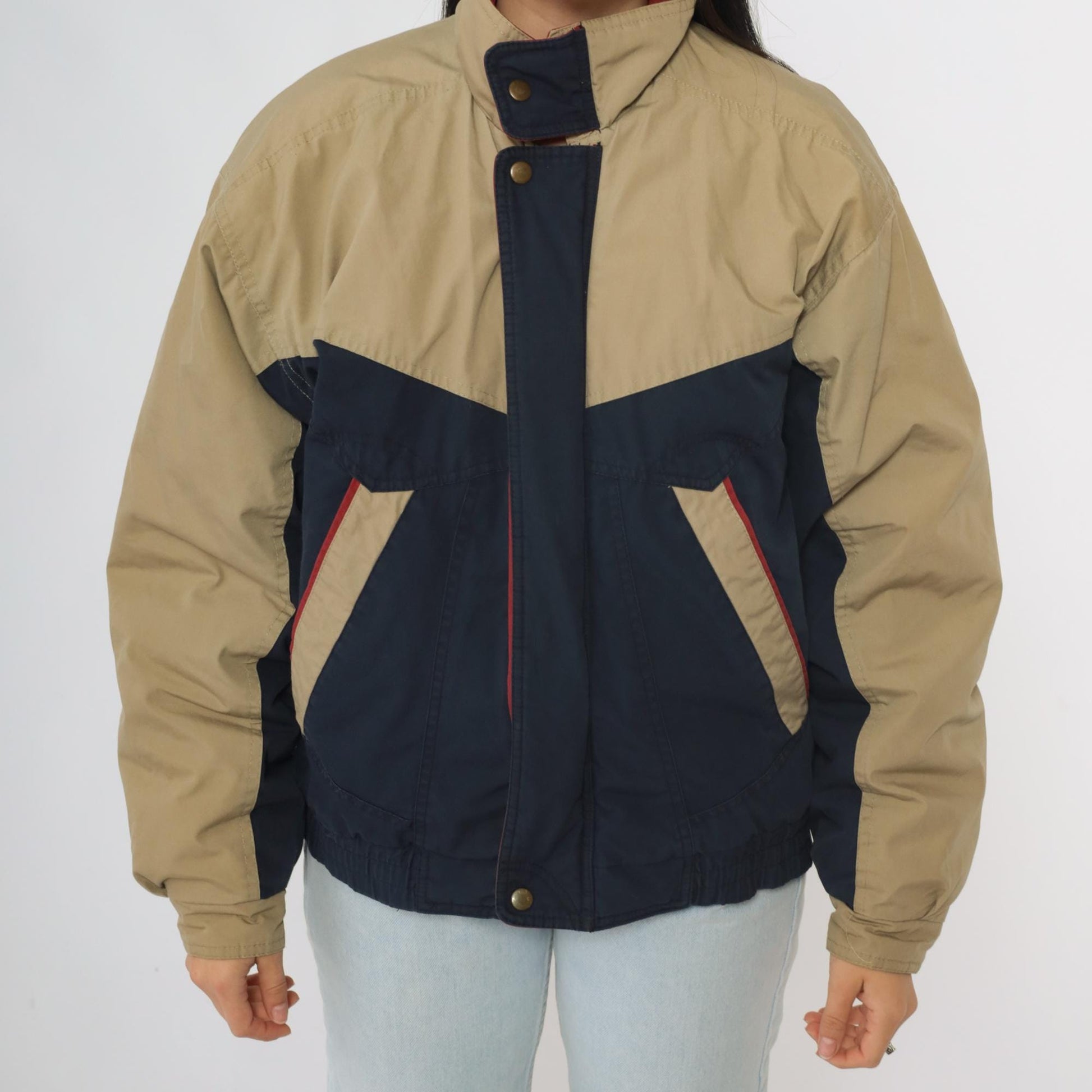 80s McGregor Puffer Jacket Tan Navy Color Block Ski Coat Small S