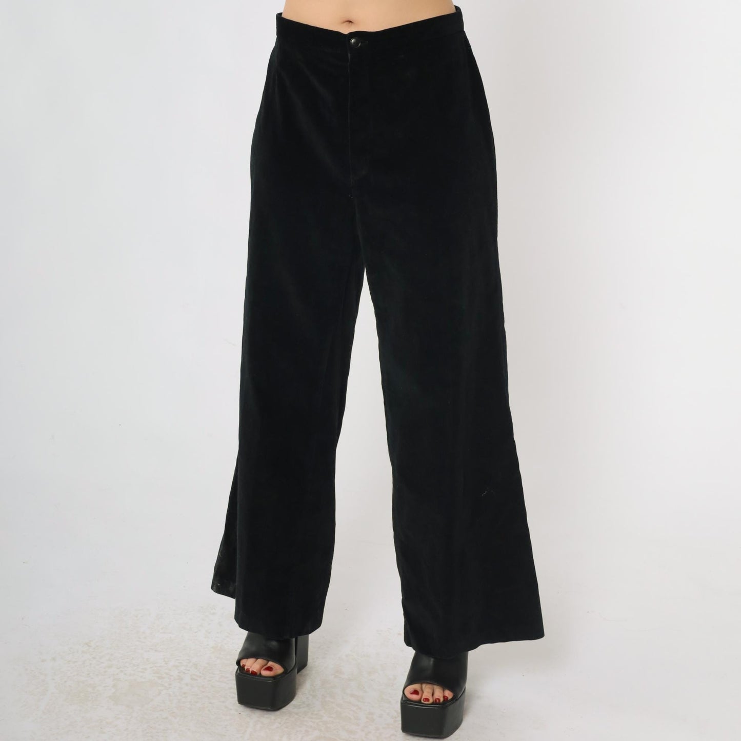 70s Black Velvet Bell Bottom Pants High Rise Wide Leg Small