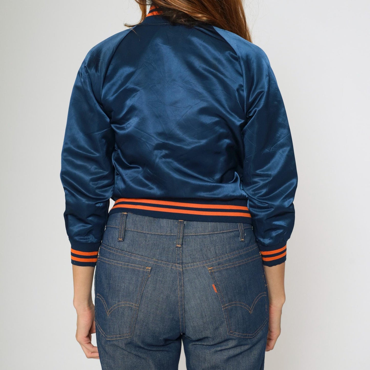 80s Detroit Tigers Satin Bomber Jacket Navy Blue Snap Front Kid's 12