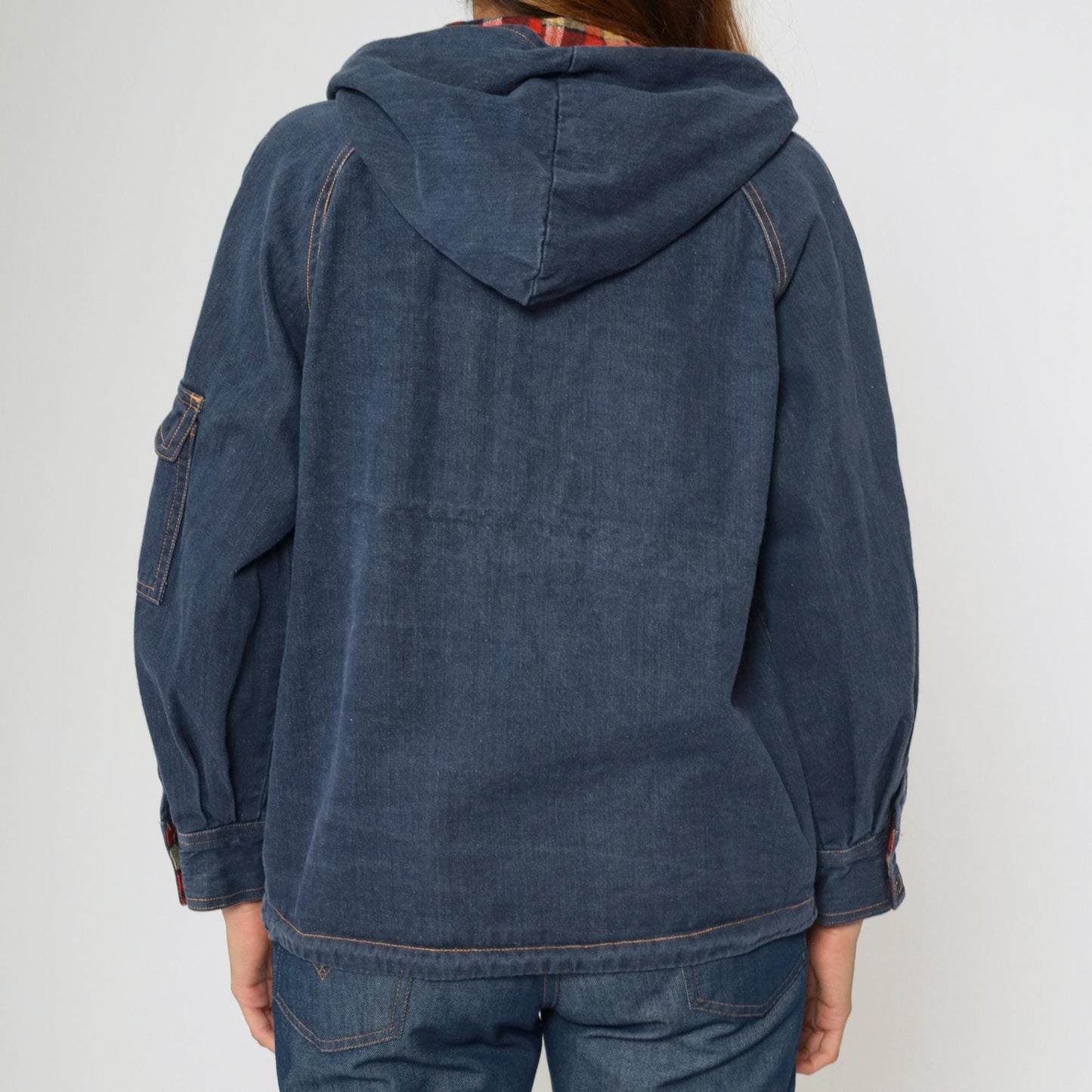 80s Dark Blue Denim Jacket Hooded Plaid Trim Cotton Medium