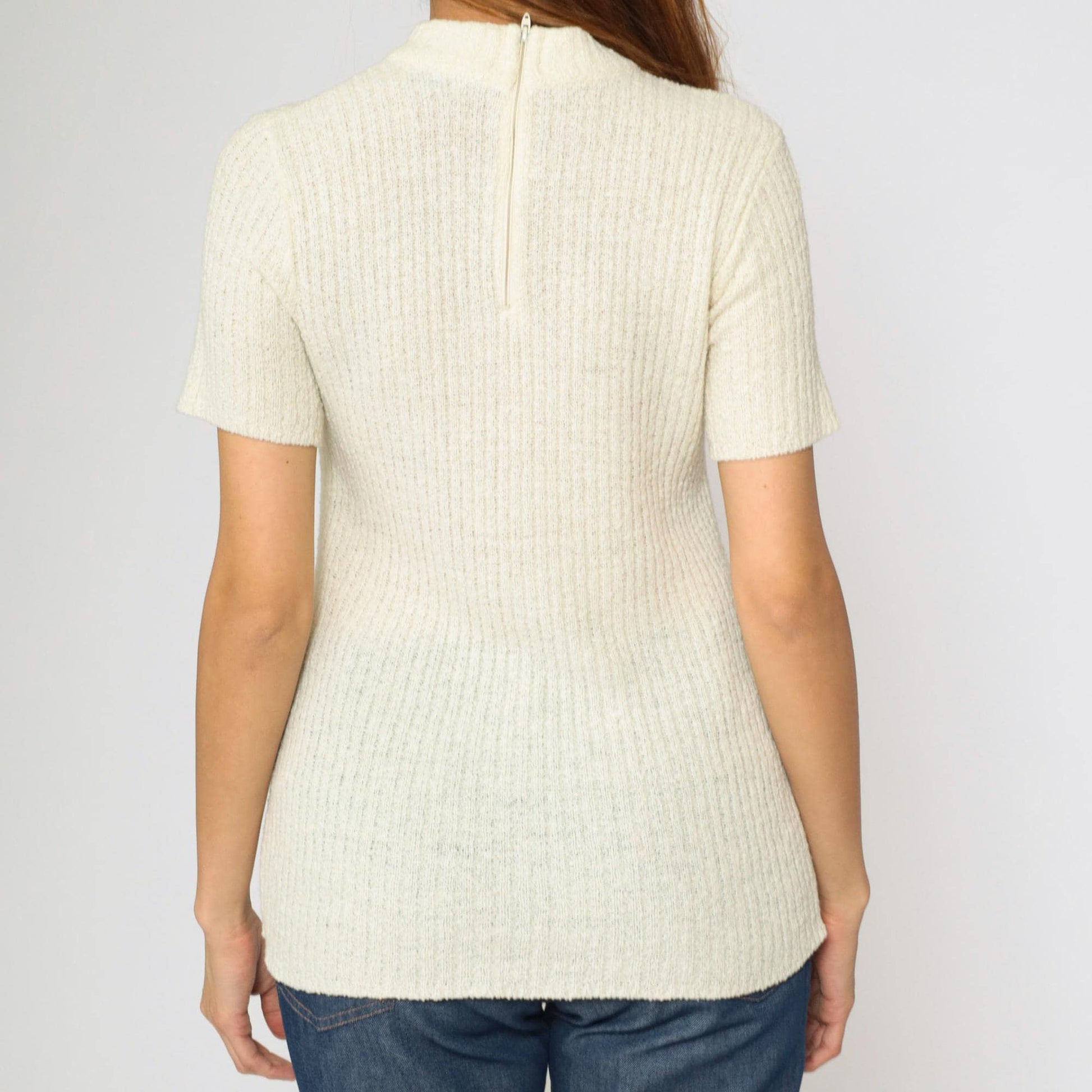 70s Rosanna Cream Ribbed Knit Mock Neck Short Sleeve Top Small Medium