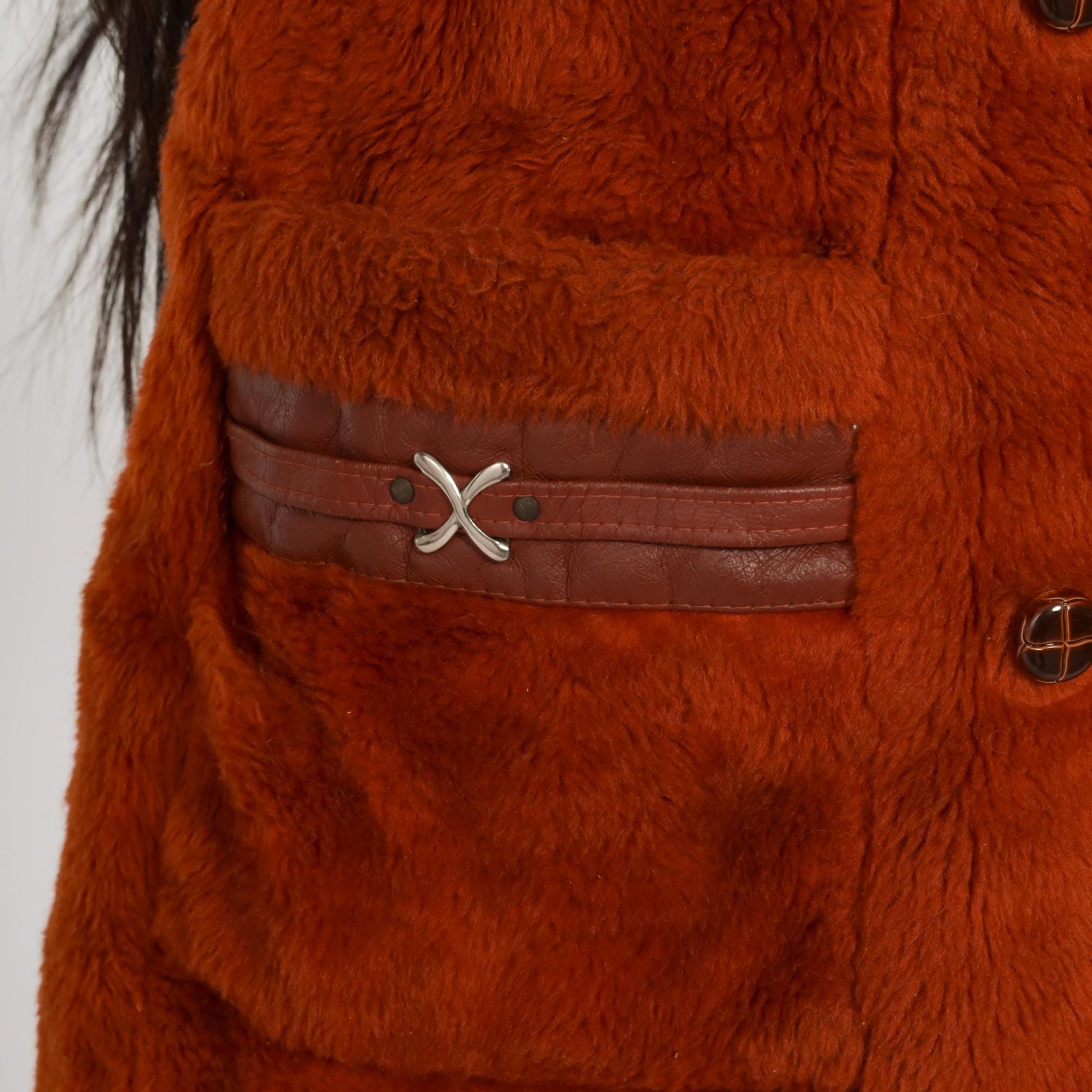 70s Burnt Orange Faux Fur Hooded Jacket Double Breasted Extra Small