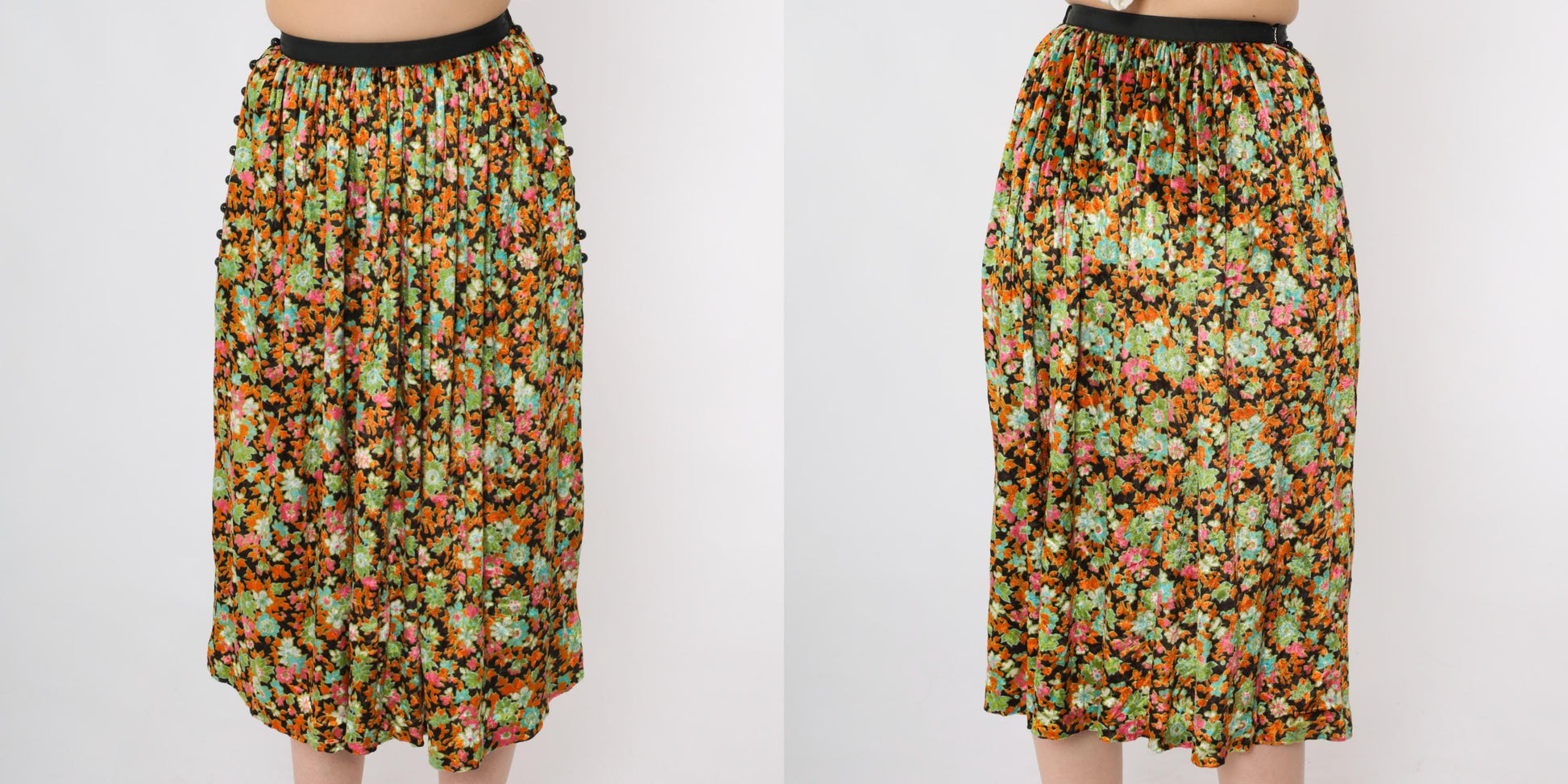 70s Floral Velvet Midi Skirt High Waisted Orange Green XXS