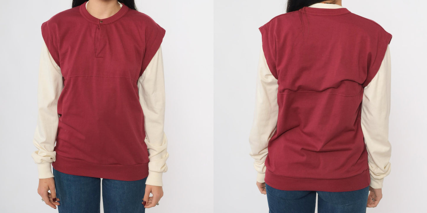 80s Huk-A-Poo Burgundy Cream Snap Neck Sweatshirt Two-Tone Men's Extra Small