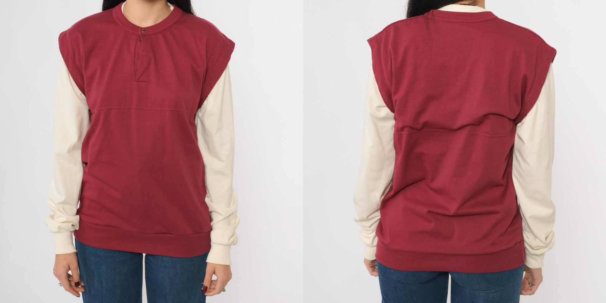 80s Huk-A-Poo Burgundy Cream Snap Neck Sweatshirt Two-Tone Men's Extra Small