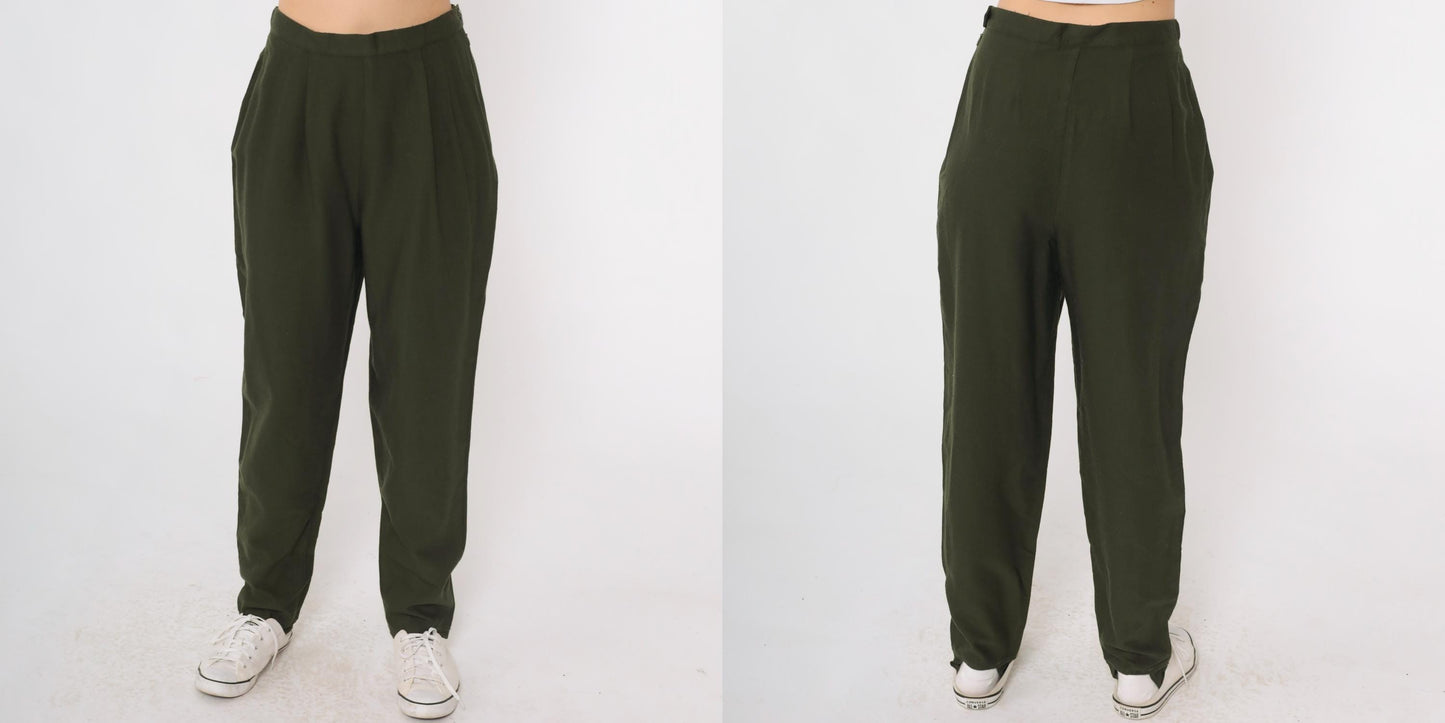 Y2K Lands End Wool Stirrup Trousers Olive Green Pleated High Waist Small 6