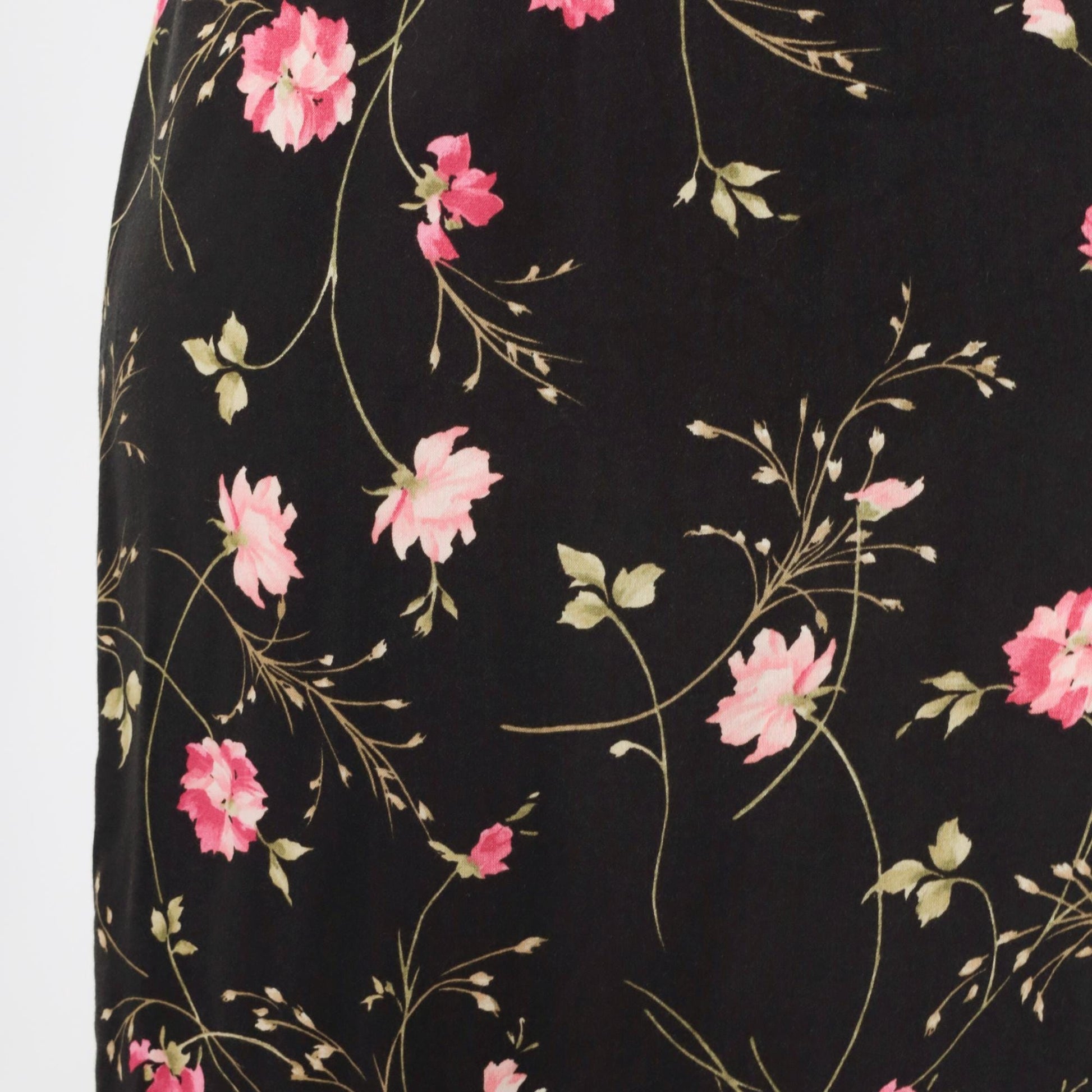 90s Black Floral Rayon Skirt High Waist Ankle Length Extra Large XL