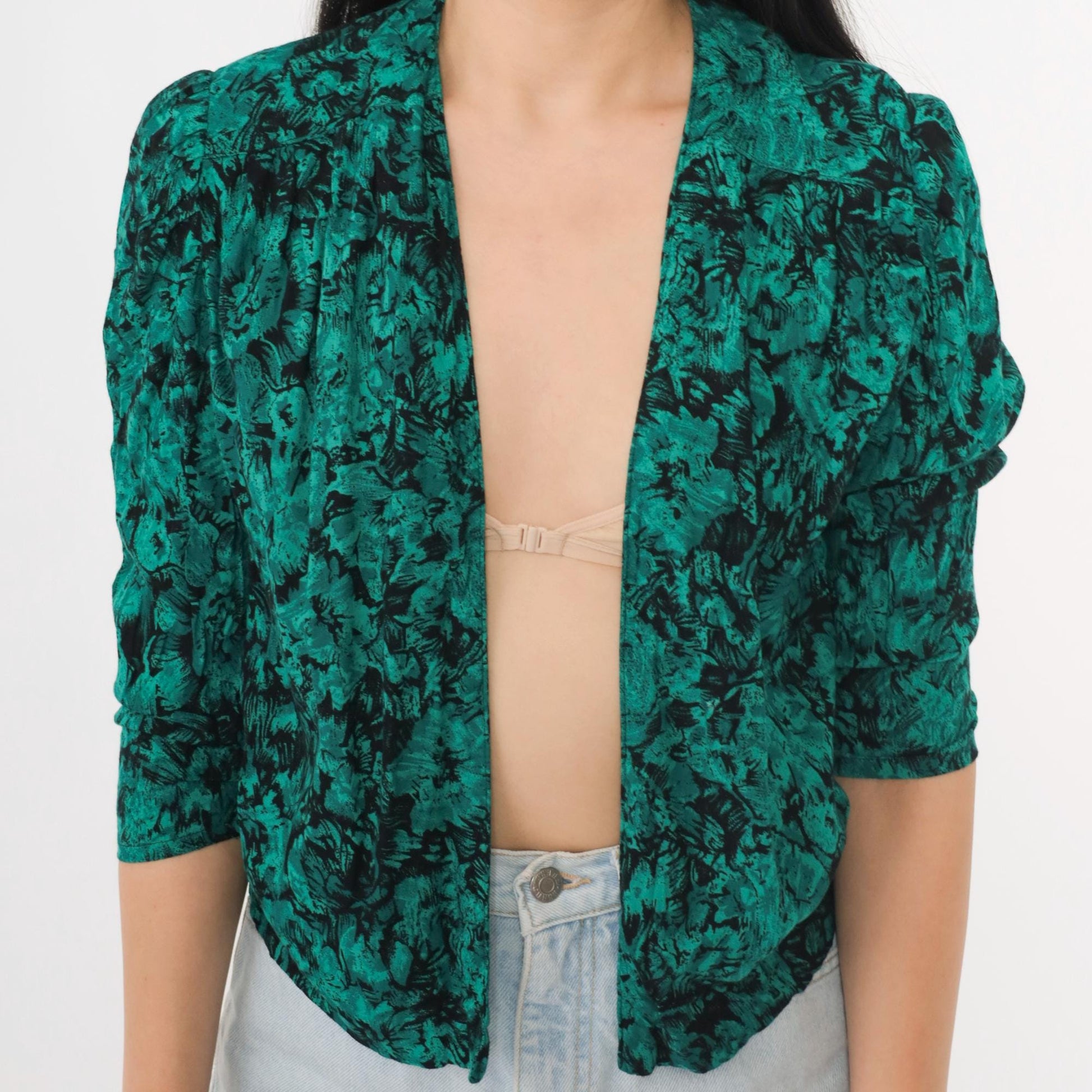 80s Jazzy Rayon Blouse Puff Sleeve Abstract Floral Green Black Small