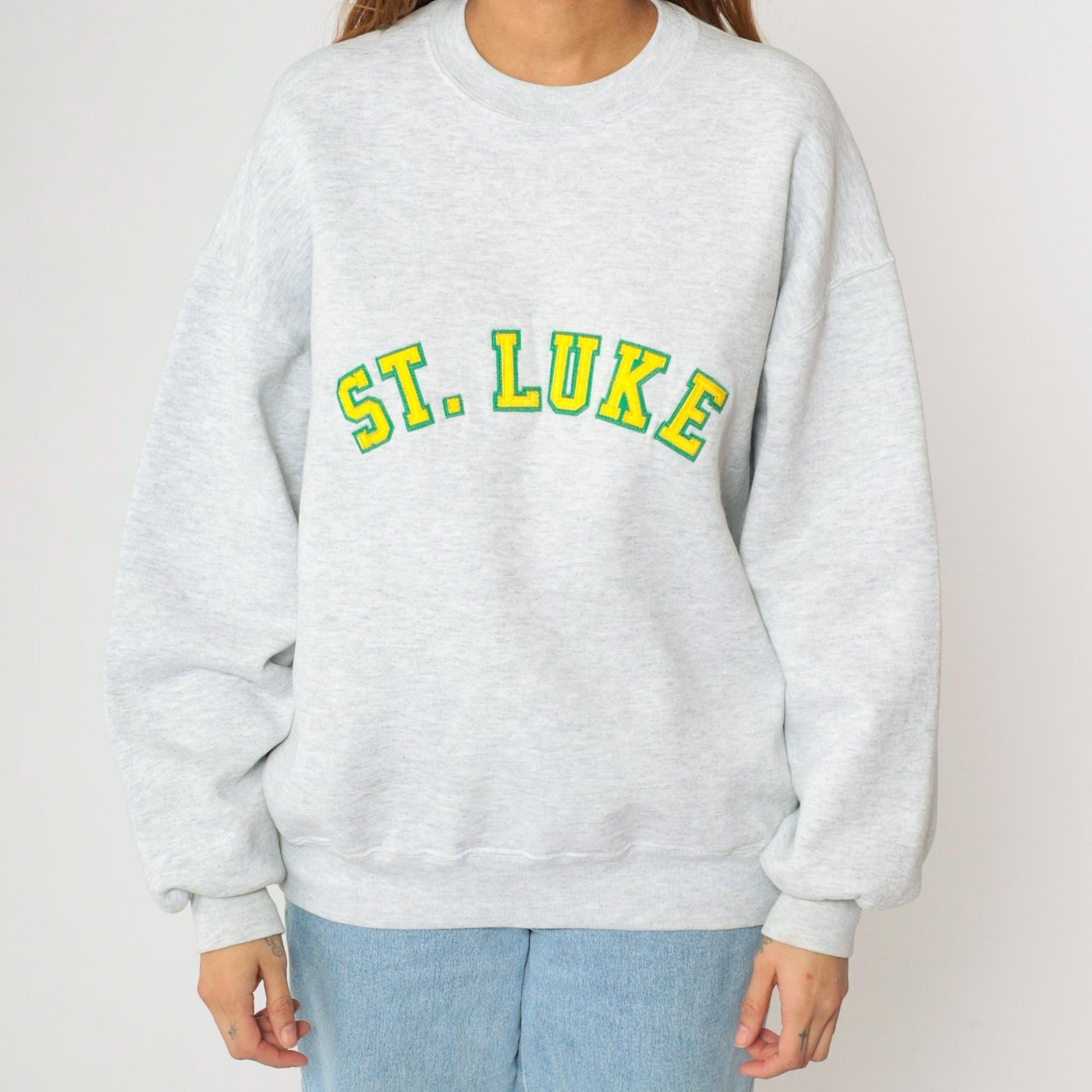 90s Jerzees St Luke Crewneck Sweatshirt Grey Stitched Letters Extra Large XL