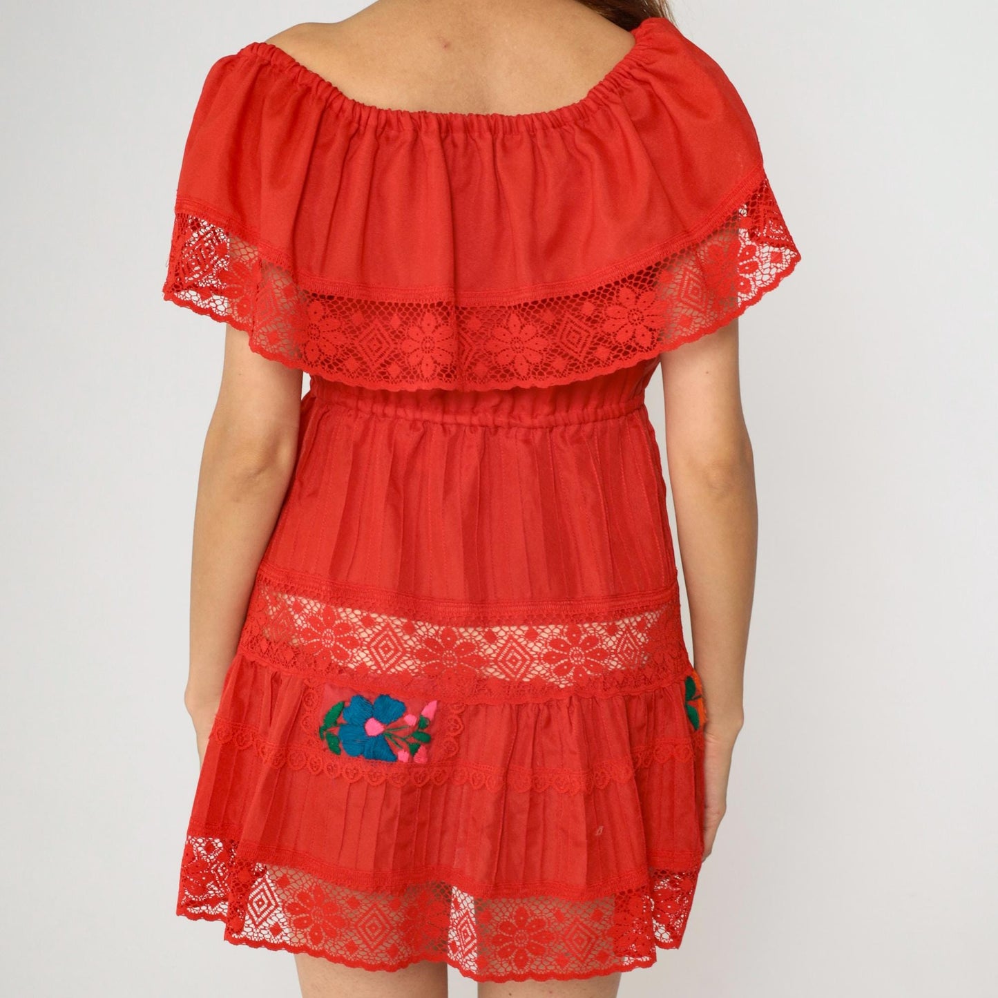 90s Mexican Peasant Dress Red Floral Embroidered Mini Off-Shoulder Small