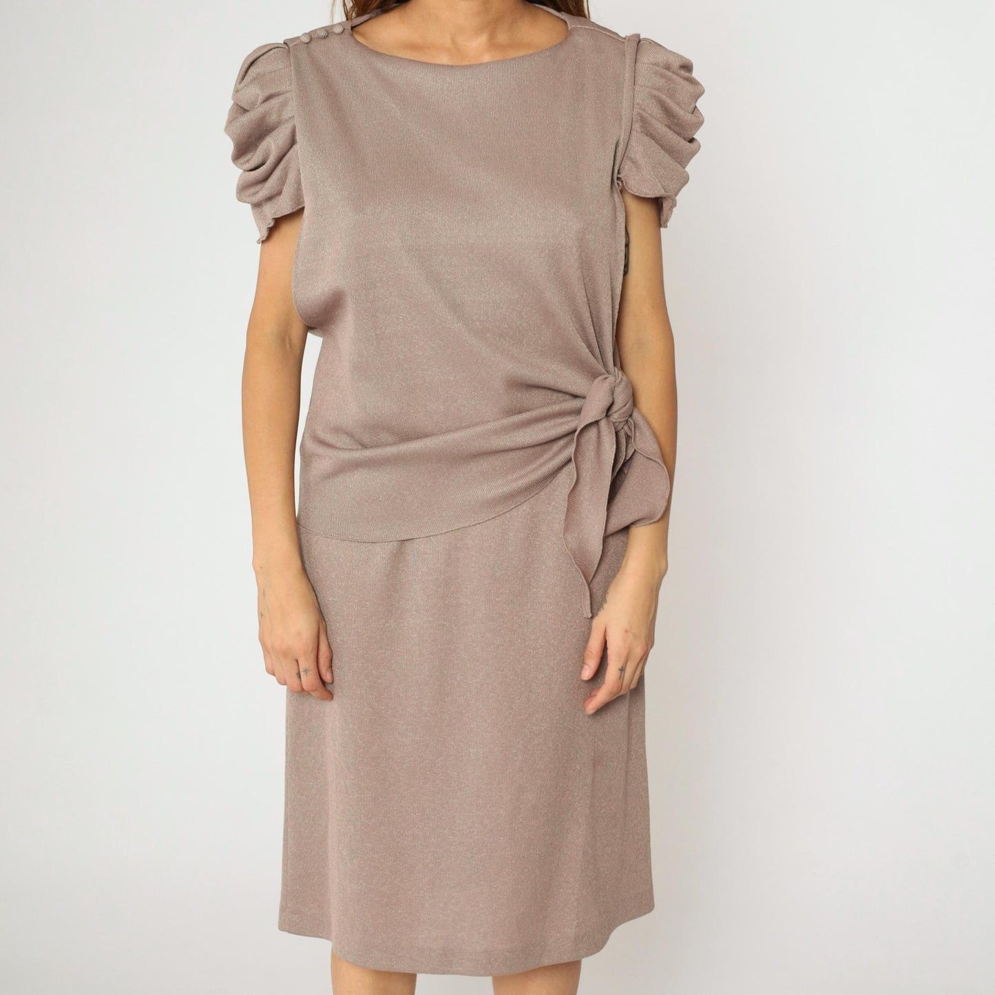 80s Taupe Puff Sleeve Midi Dress Metallic Knit Side Tie Waist Medium