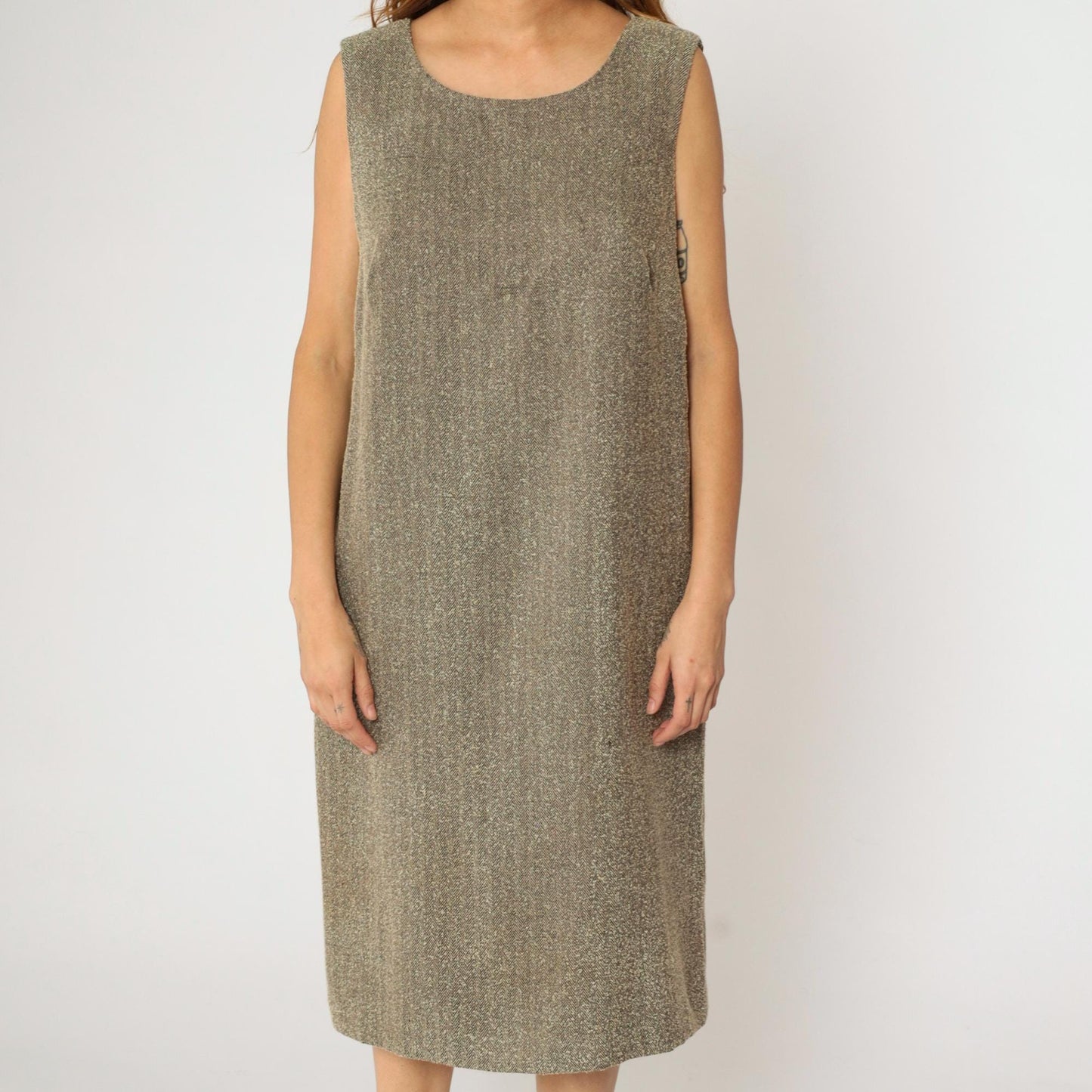 Y2K Leslie Fay Brown Herringbone Midi Dress Sleeveless Sheath Plus Size 14W